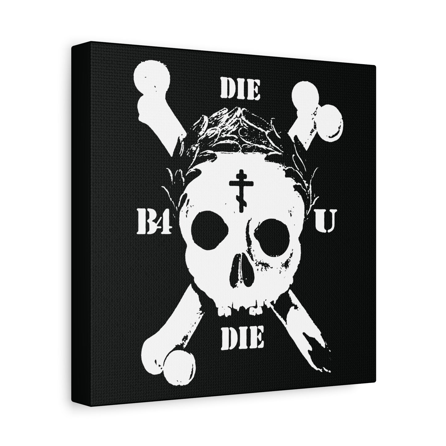 Die Before You Die" wall art features a retro skull & crossbones with crown, Orthodox cross, and laurel wreath—a memento mori inspired by Matthew 16:24–25 for ascetic Christians.