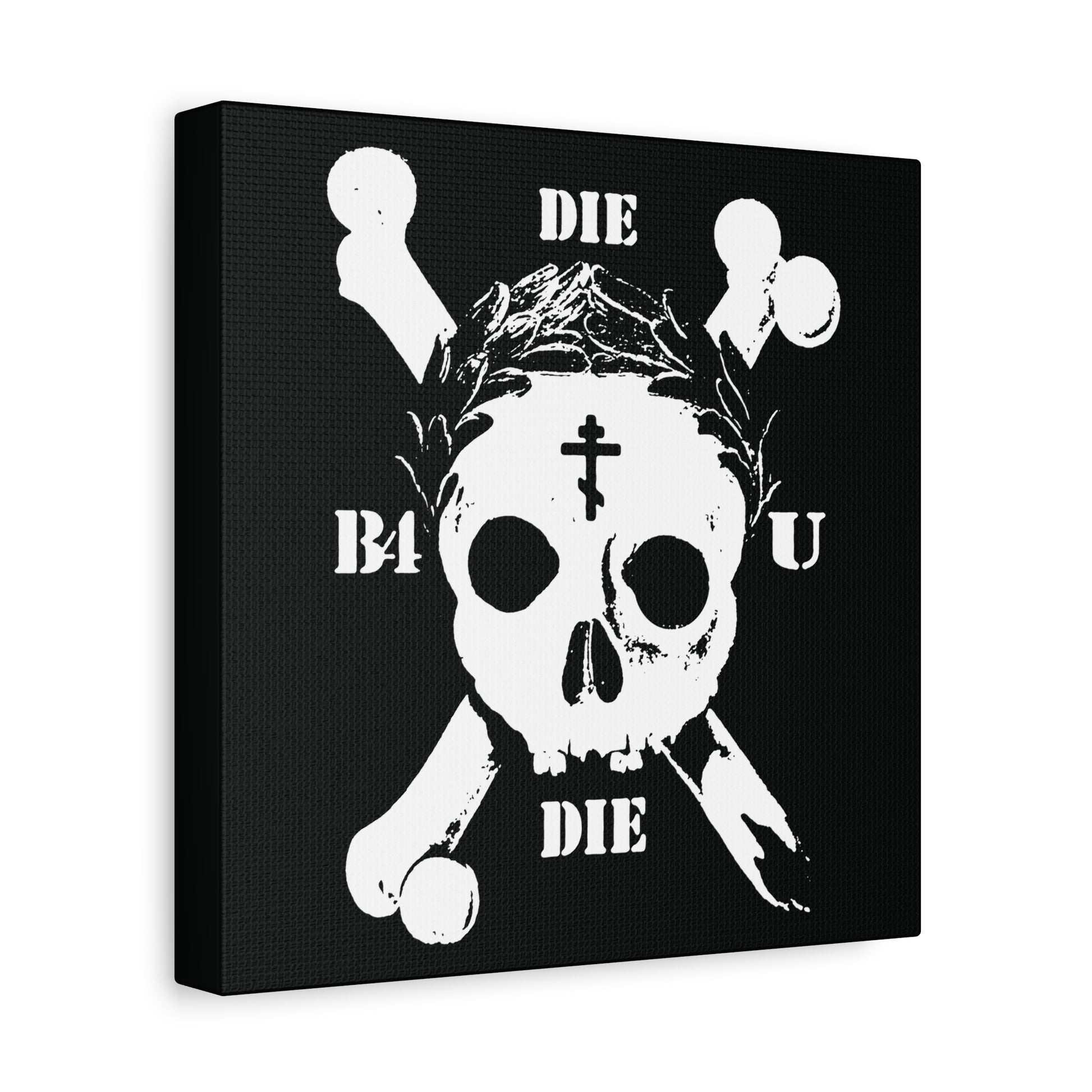 Die Before You Die" wall art features a retro skull & crossbones with crown, Orthodox cross, and laurel wreath—a memento mori inspired by Matthew 16:24–25 for ascetic Christians.