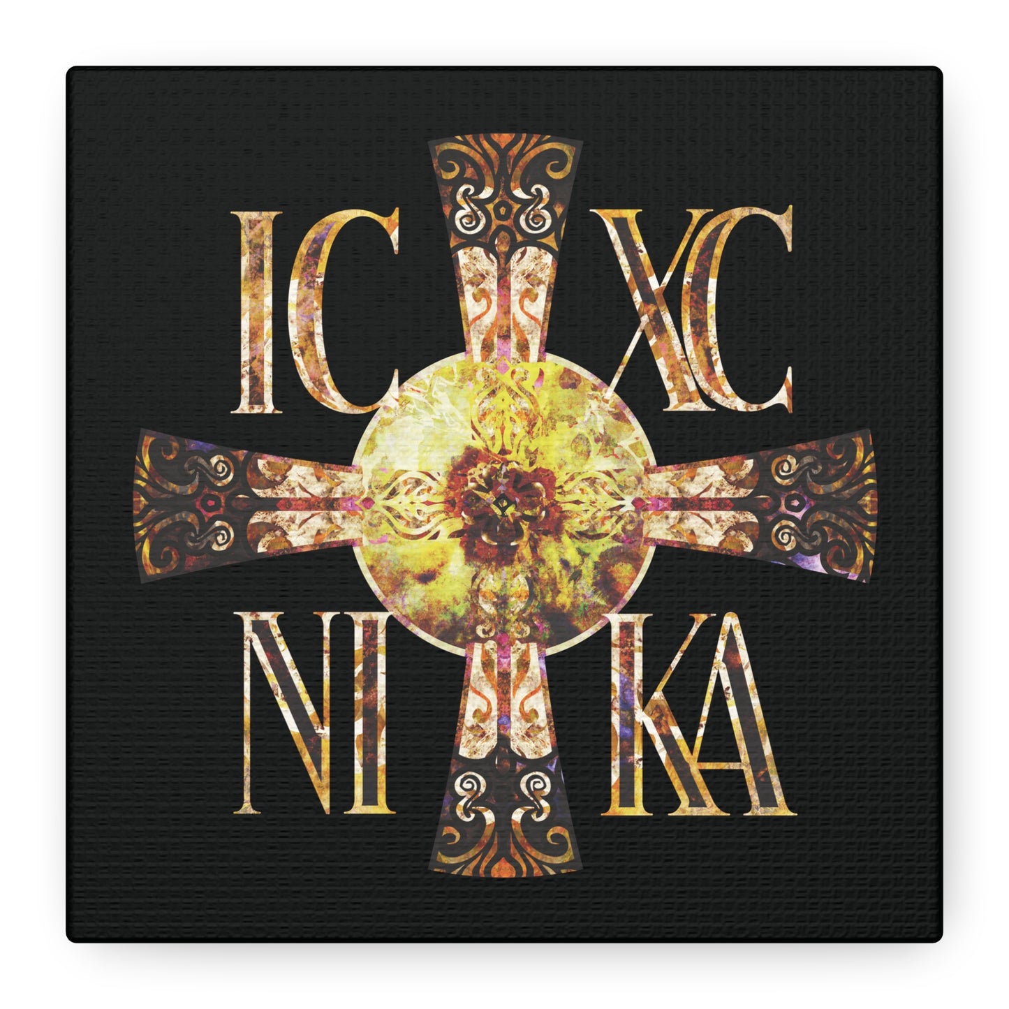ICXC NIKA Celtic Style Equal Armed Cross | Bright Solar Texture | Orthodox Christian Canvas Art