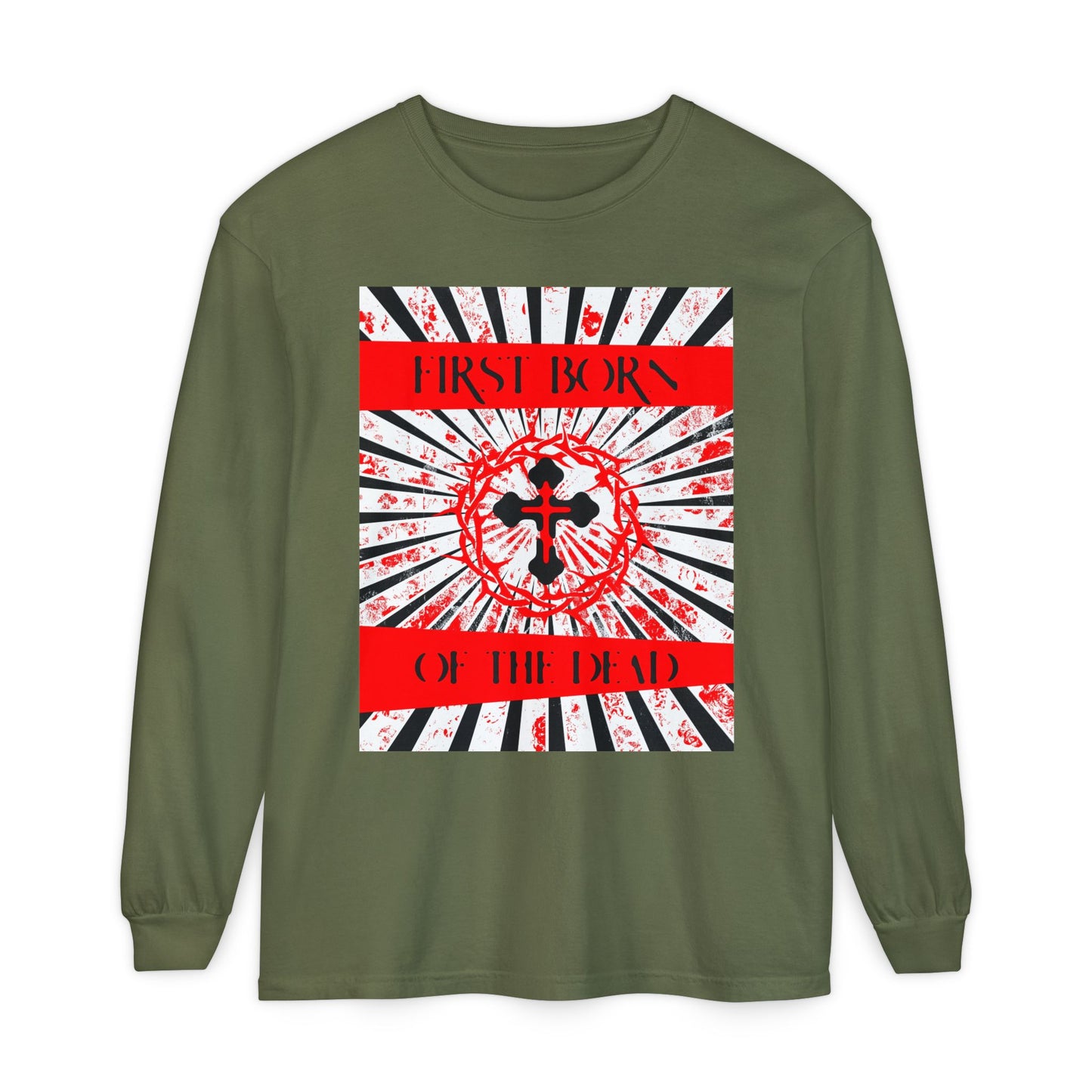 First Born of the Dead | Orthodox Cross and Crown of Thorns | Red White and Black Textured Design with Rays | Orthodox Christian Long Sleeve Shirt