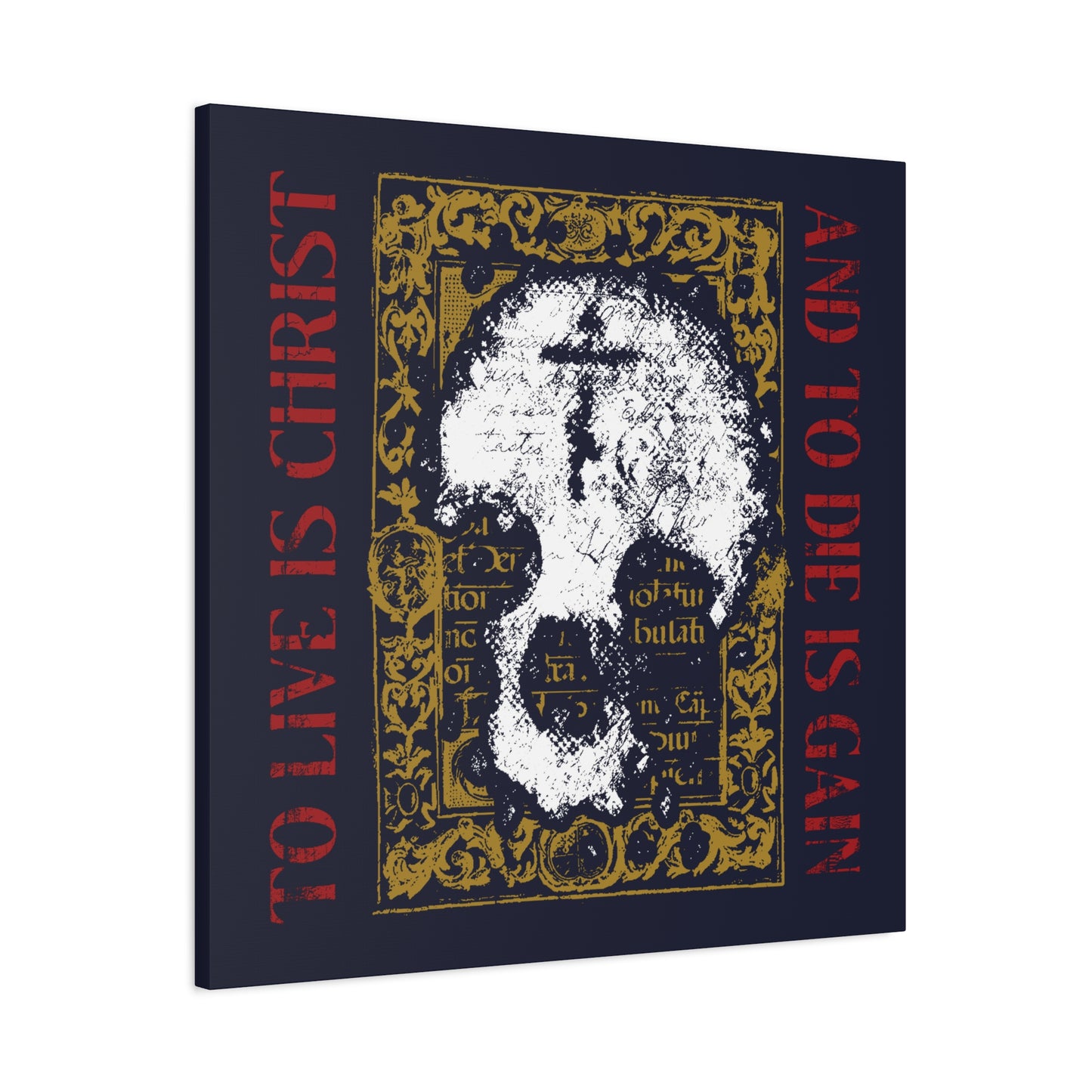 To Live is Christ, to Die is Gain (Philippians 1:21) | Skull with Cross on Gold Manuscript Texture | Orthodox Christian Canvas Art