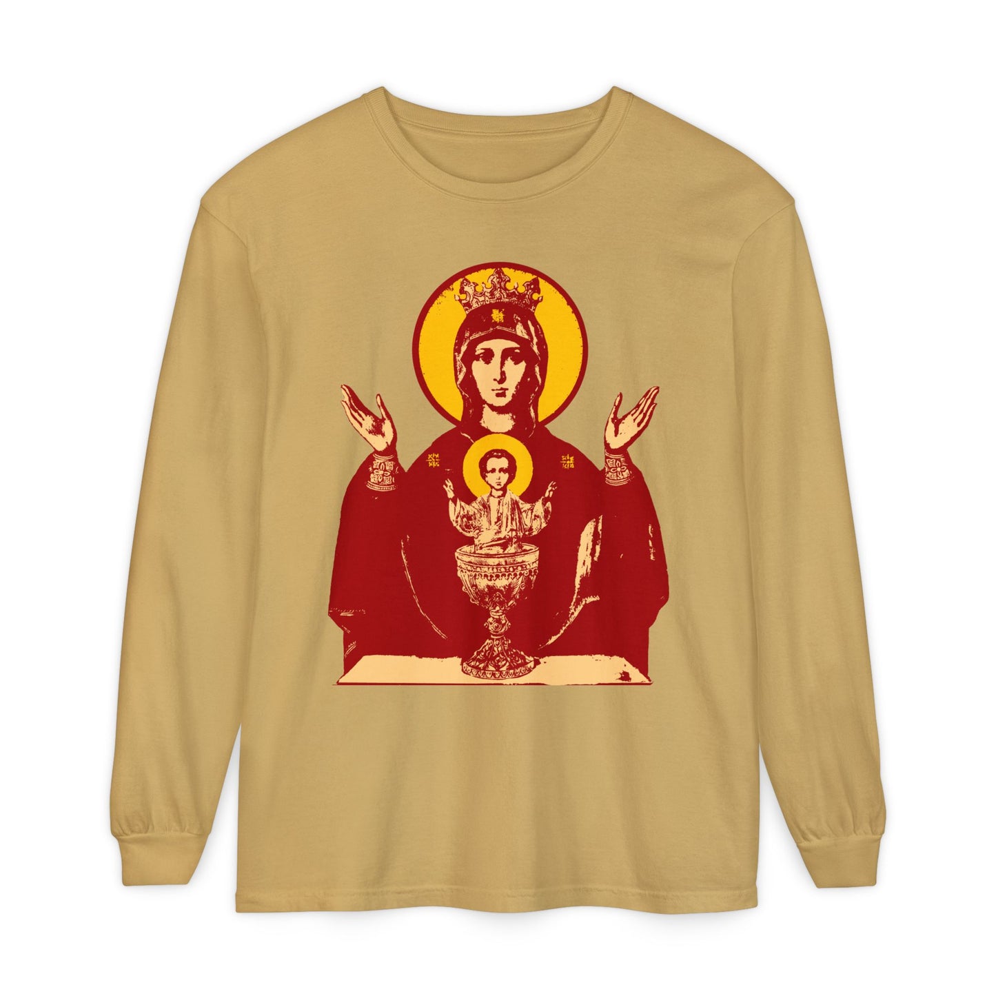Mustard long-sleeve Orthodox Christian shirt featuring a red and yellow Holy Theotokos Iconographic of the Inexhaustible Chalice—Deliverer from Addictions and Conqueror of Passions—on the front.