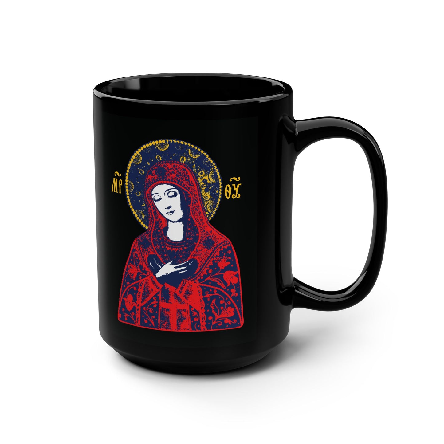 Joy of All Joys Tenderness Theotokos Iconographic Based on Traditional Orthodox Iconography | Red Design | Orthodox Christian Black Mug