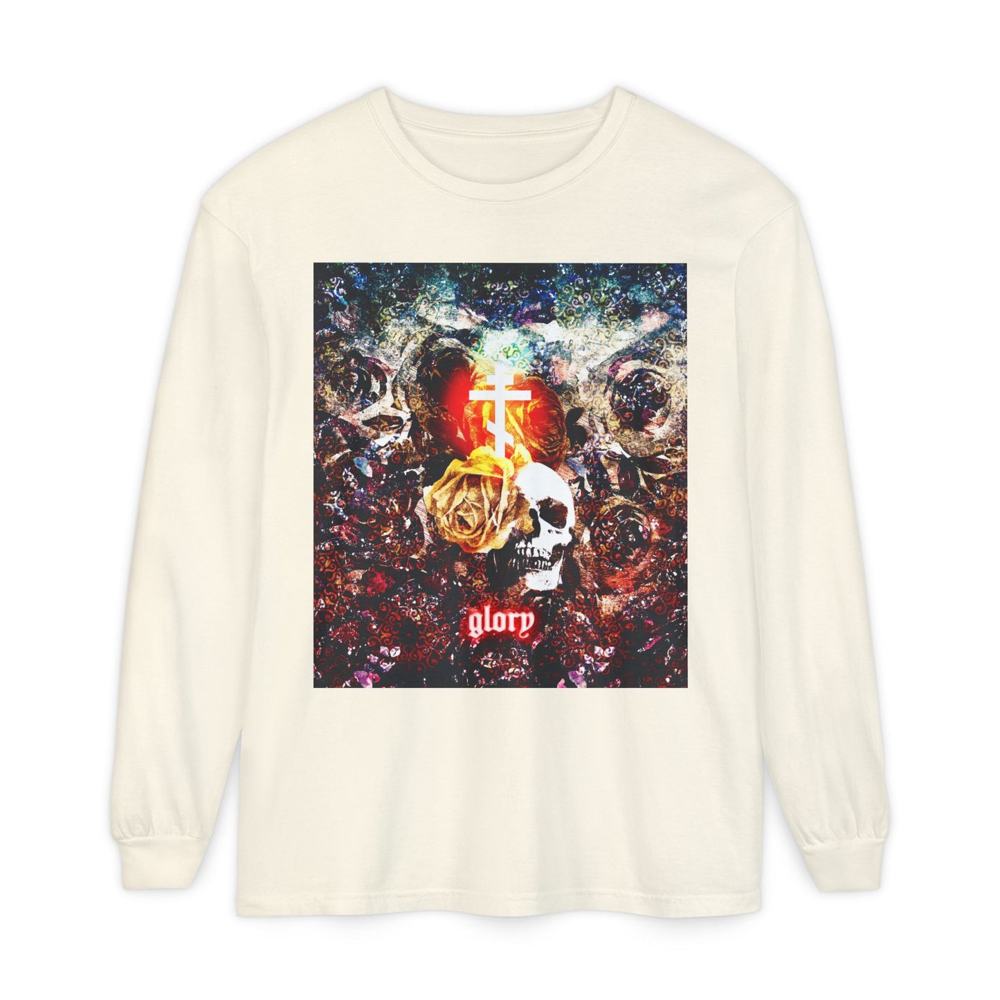 Now the Son of Man is Glorified (John 13:31) | Skull and Floral Glowing Cross Design | Orthodox Christian Long Sleeve Shirt