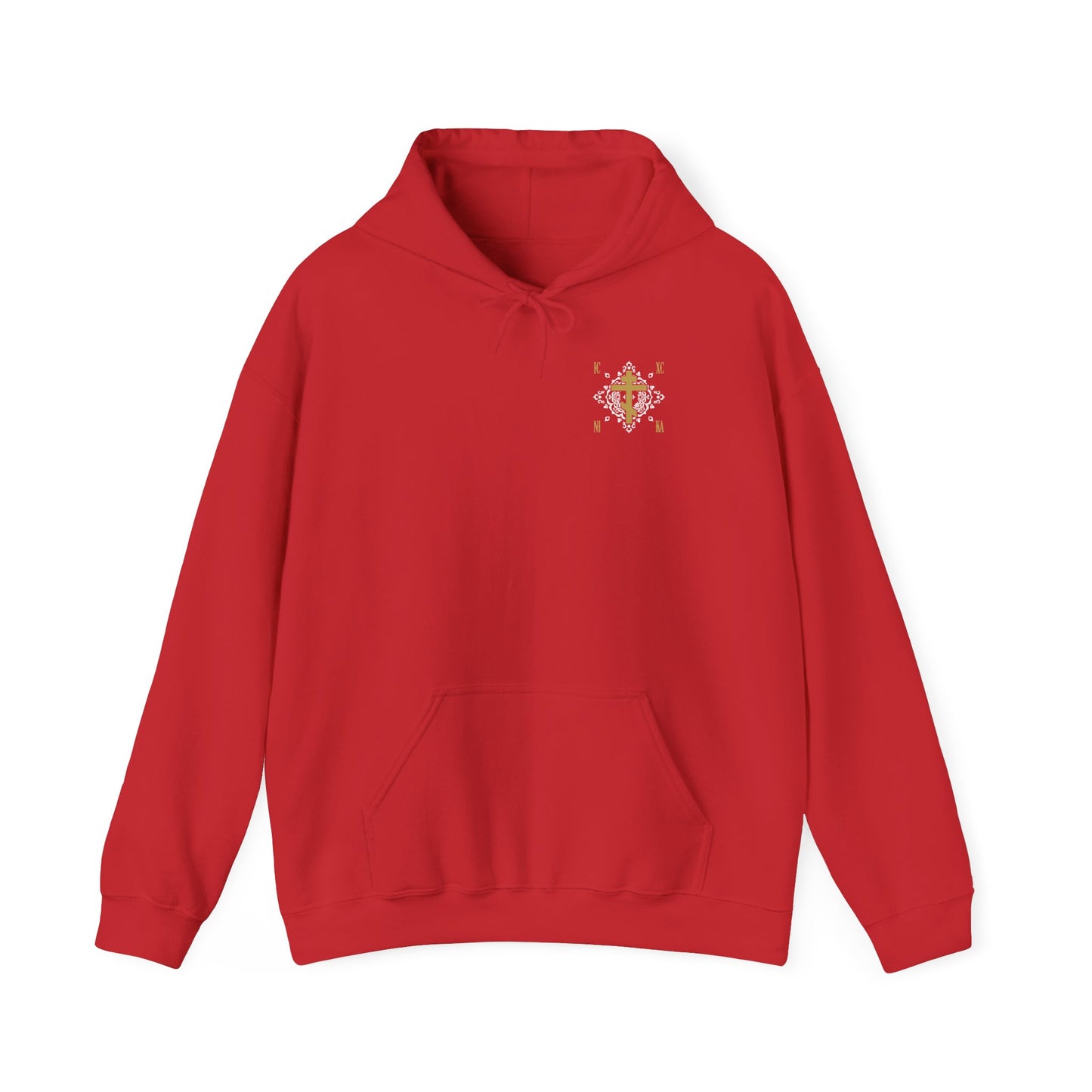 Red Gold Orthodox Cross ICXC NIKA hoodie with a small white medieval ornate floral pattern on the left chest, symbolizing Christ’s eternal victory, and featuring a front pocket.