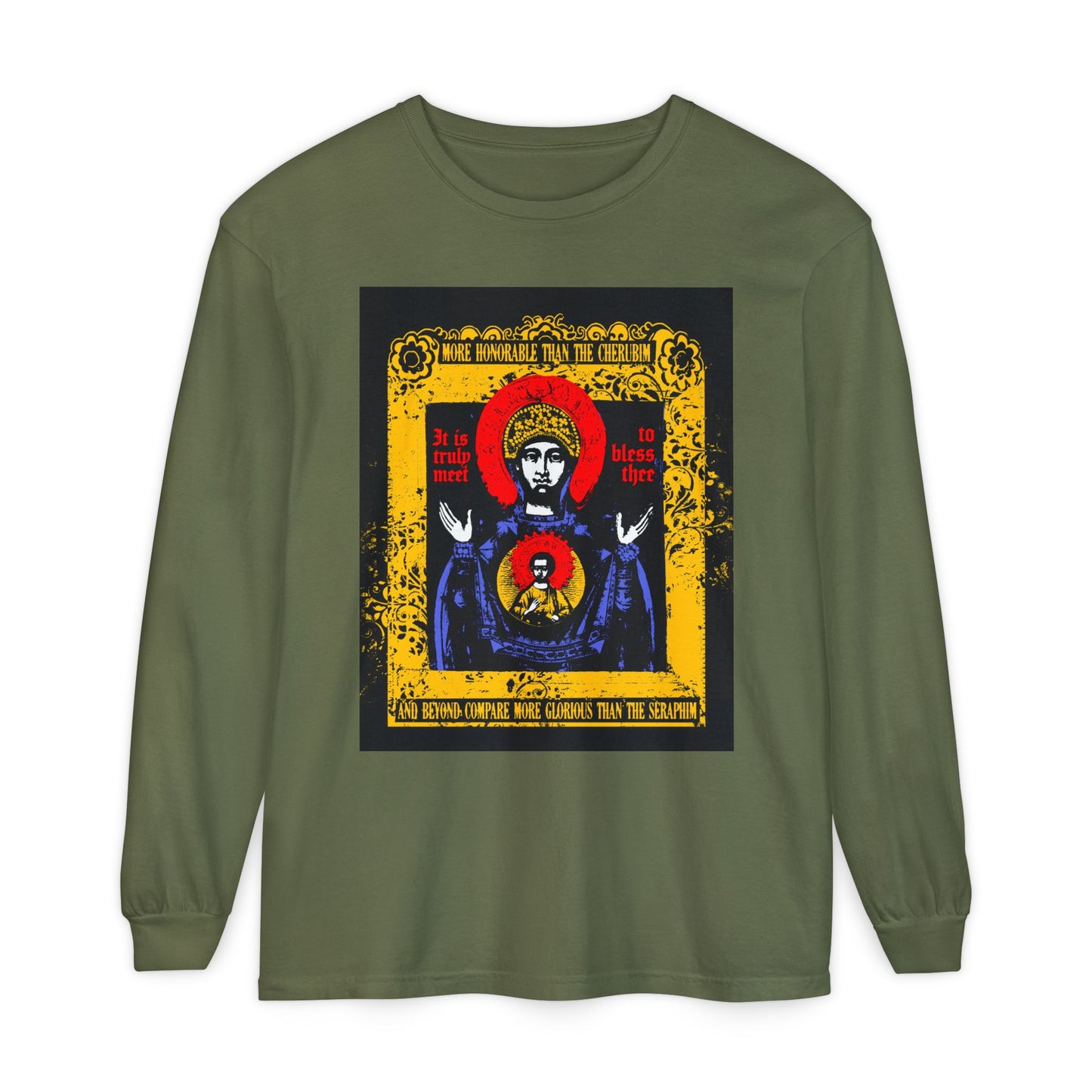 It is Truly Meet To Bless Thee Iconographic | Axion Estin Hymn to the Mother of God Theotokos | Orthodox Christian Long Sleeve Shirt
