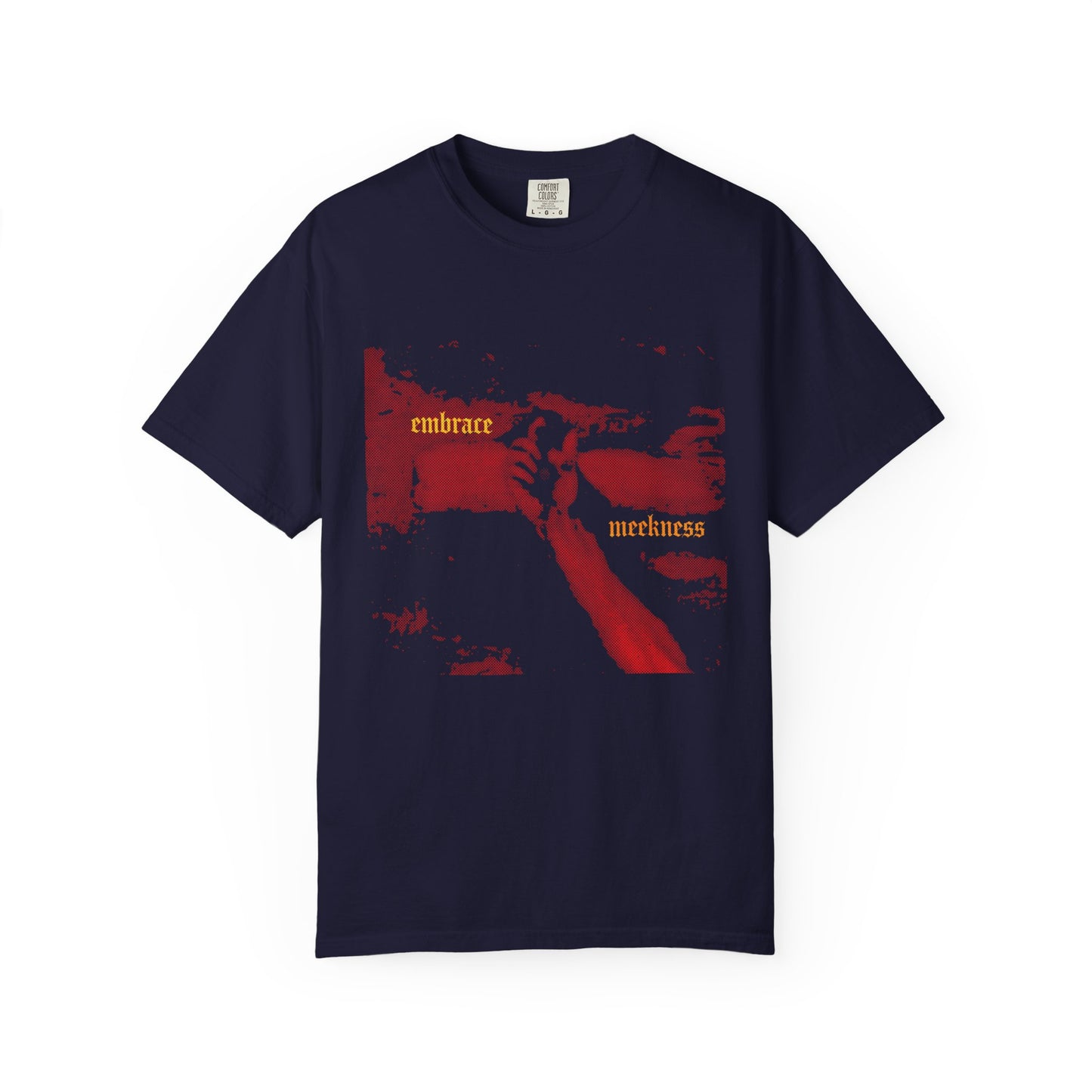 True Navy heavyweight cotton unisex tee featuring Haltone art of the crucified hand of Christ and yellow text: Embrace Meekness—the foundation of wisdom. Inspired by The Ladder of Divine Ascent.