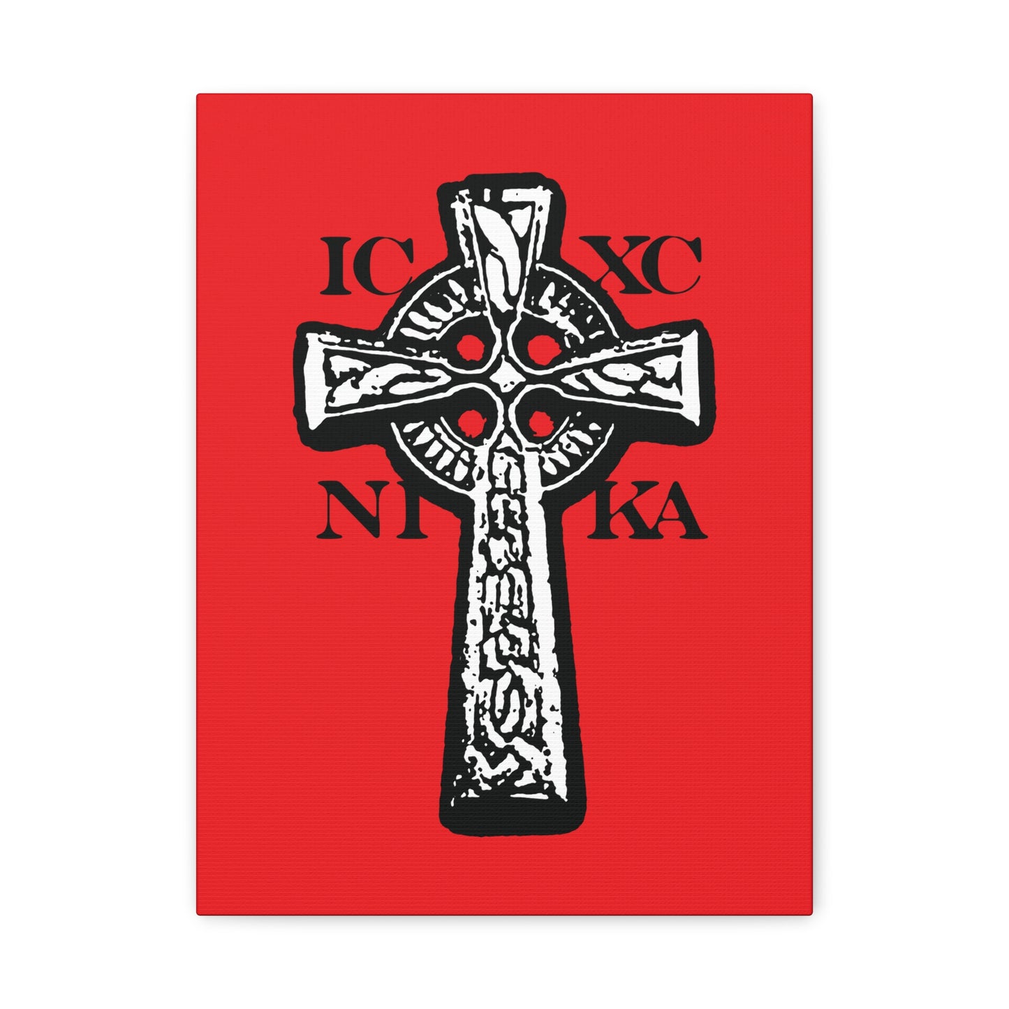 The ICXC NIKA Celtic Knotwork Cross features a striking black and white design on red, with Greek letters symbolizing "Jesus Christ Conquers." This traditional Orthodox Christian wall art powerfully represents the triumph of the Cross.