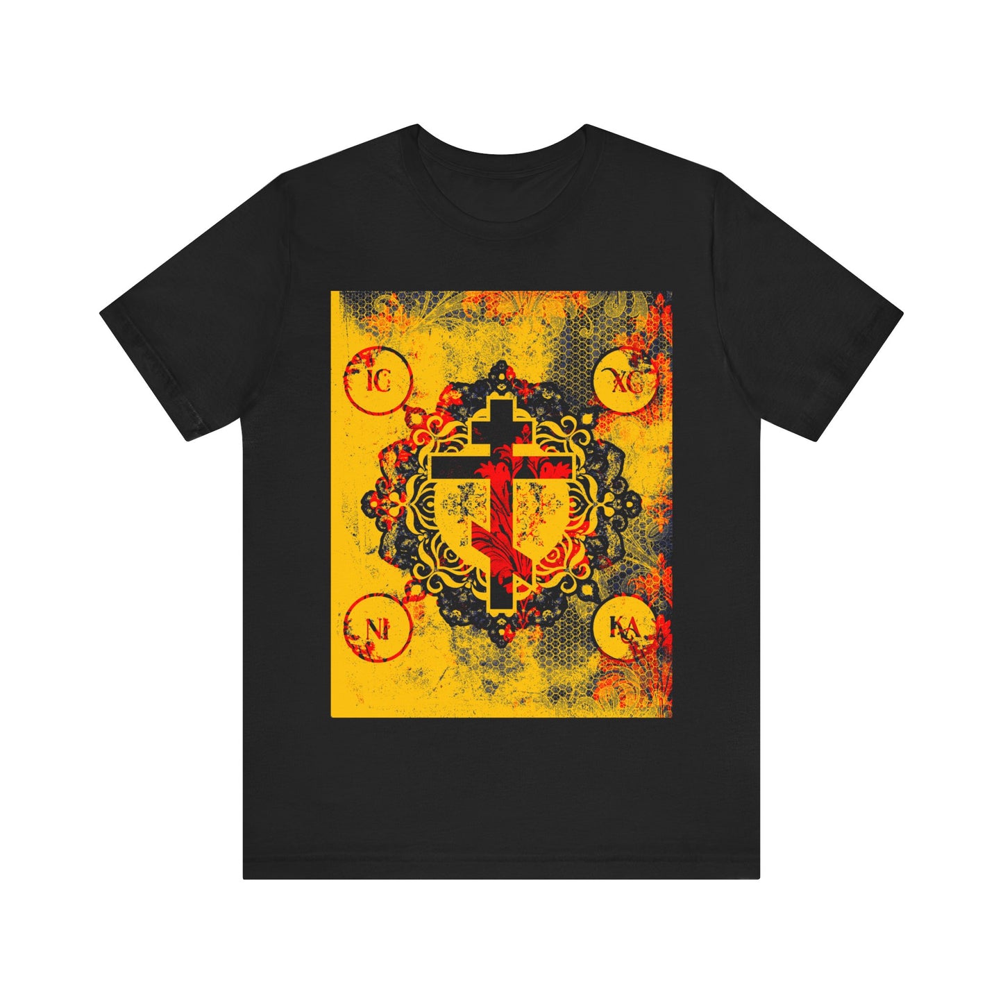 Black IC XC NIKA Orthodox Cross T-shirt featuring a yellow and red modern-medieval floral design, textured Greek letters in each corner, symbolizing the mystery of the Cross and Christ’s sacrifice.