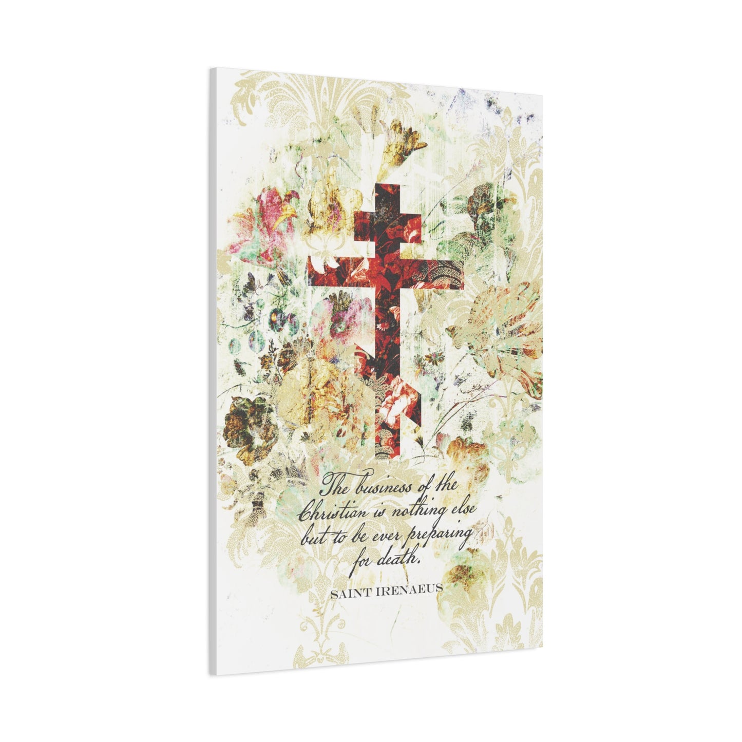 Preparing For Death | White & Beige Floral Scrapbook Texture Cross | Arts & Crafts Style | St Irenaeus | Orthodox Christian Canvas Art