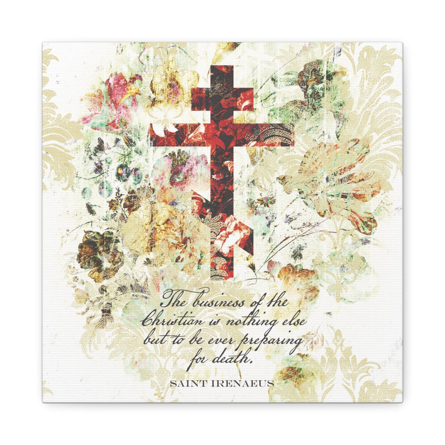 Preparing For Death | White & Beige Floral Scrapbook Texture Cross | Arts & Crafts Style | St Irenaeus | Orthodox Christian Canvas Art
