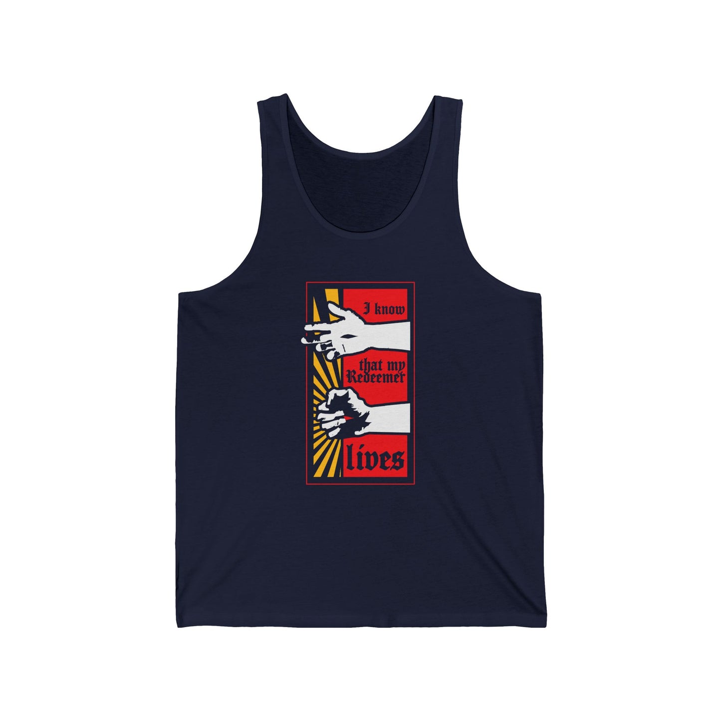 Navy tank top featuring a comic book style design of resurrected Jesus’ fist with divine power and the text “I Know That My Redeemer Lives” (Job 19:25). Orthodox Christian apparel.