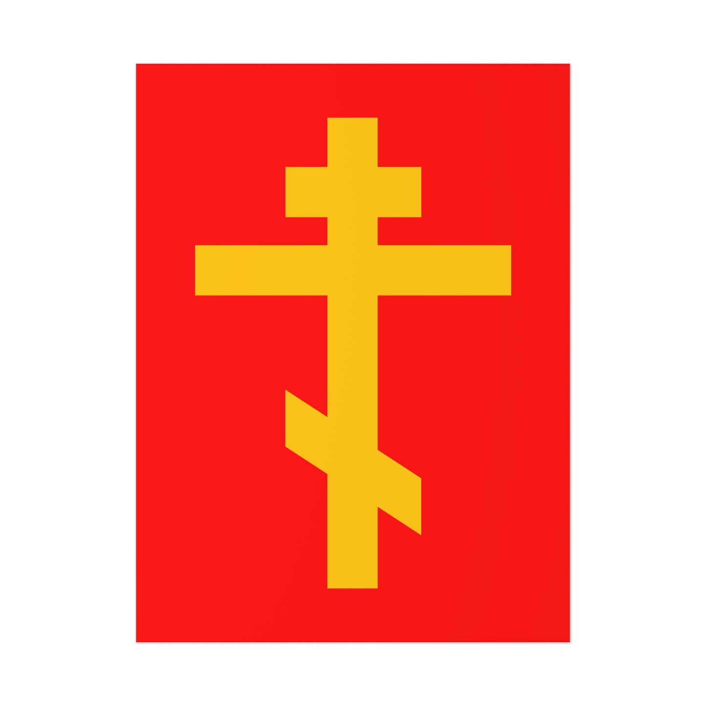 The "Yellow Orthodox Cross Red Background" poster symbolizes Christ living within us (Galatians 2:20), and is titled "Precious and Life-Giving Weapon of Unseen Warfare, Scourge of Demons.