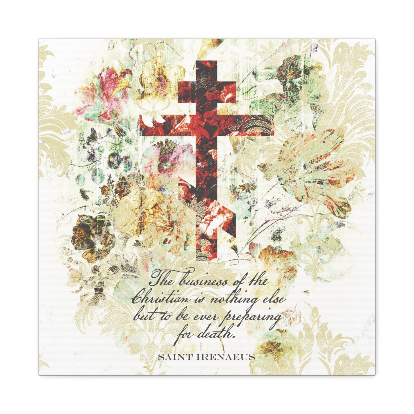 Preparing For Death | White & Beige Floral Scrapbook Texture Cross | Arts & Crafts Style | St Irenaeus | Orthodox Christian Canvas Art