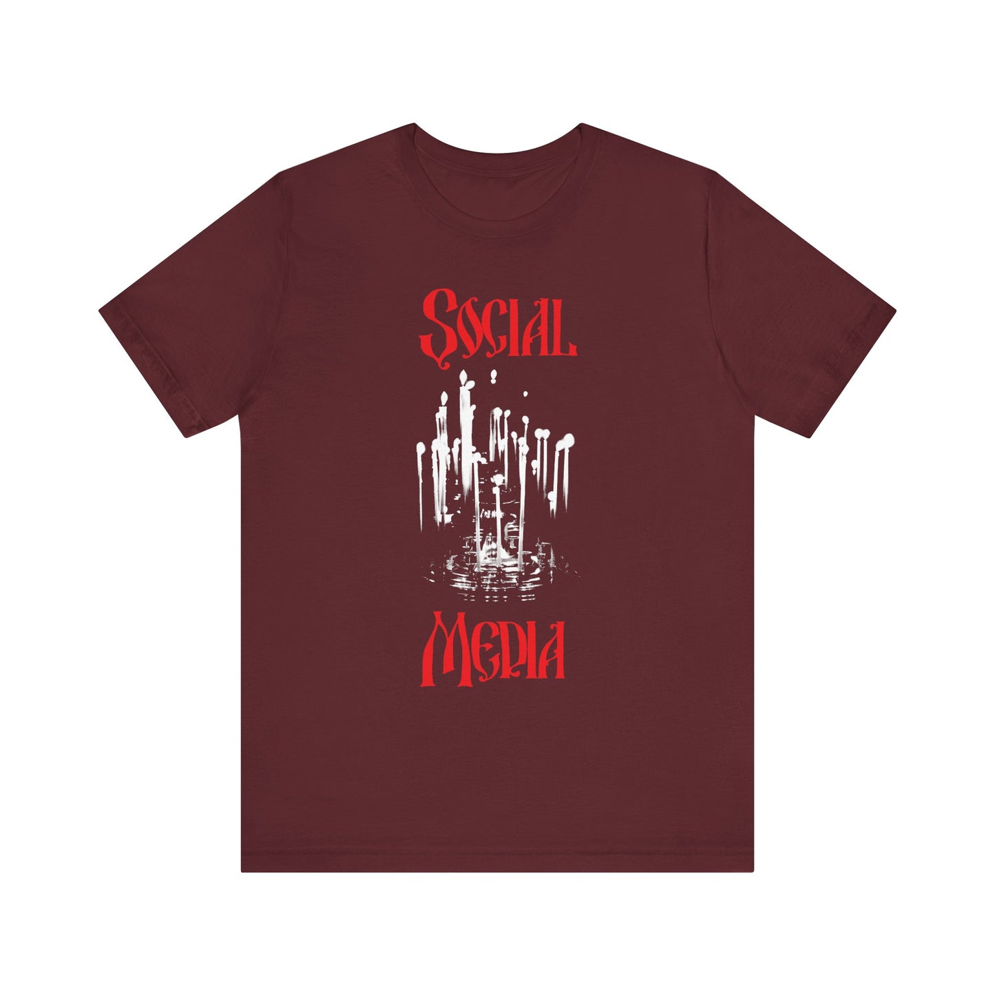 Maroon "Orthodox Social Media: Memorial Candles for the Candlestand" unisex t-shirt in lightweight cotton, featuring white cityscape reflection graphics with red gothic font inspired by the victorious martyrs such as St. Cyprian of Carthage—perfect for prayers and honoring loved ones.