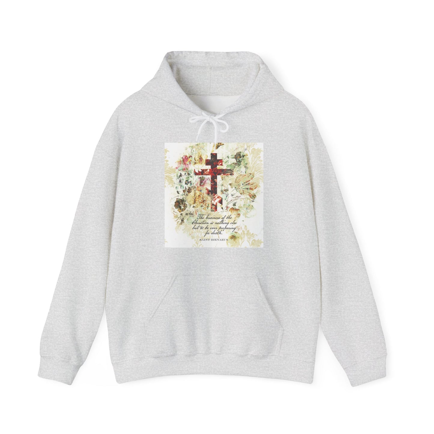 Preparing For Death | White & Beige Floral Scrapbook Texture Cross | Arts & Crafts Style | St Irenaeus | Orthodox Christian Hoodie