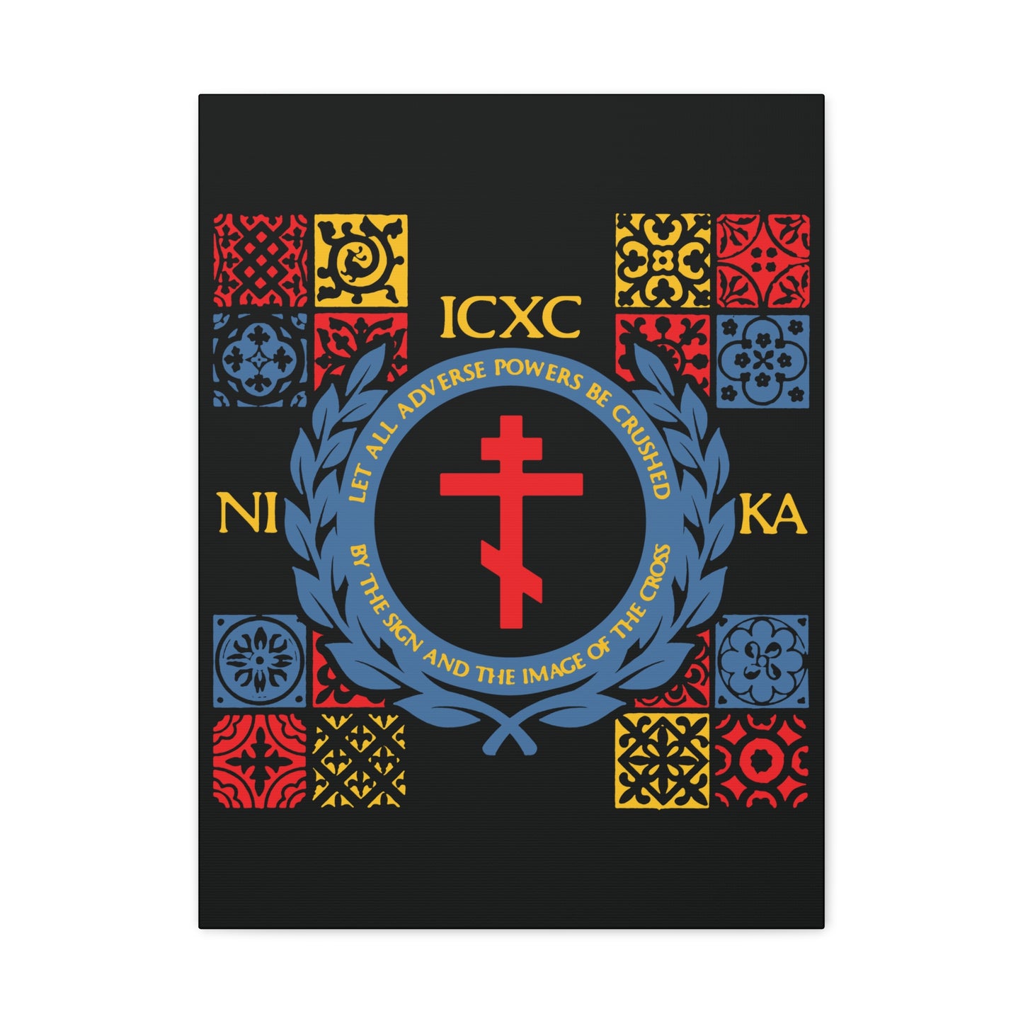 Let All Adverse Powers Be Crushed (Red, Yellow & Blue Design) | ICXC NIKA | Medieval Tile Design | Orthodox Christian Canvas Art