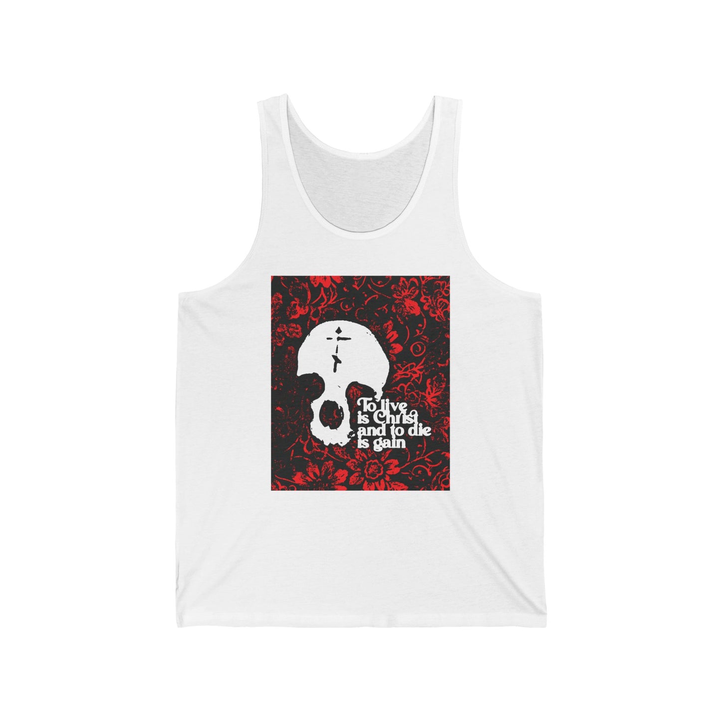 To Live is Christ To Die is Gain (Phil 1:21) | Skull with Cross on Red Floral Texture | Orthodox Christian Jersey Tank Top / Sleeveless Shirt