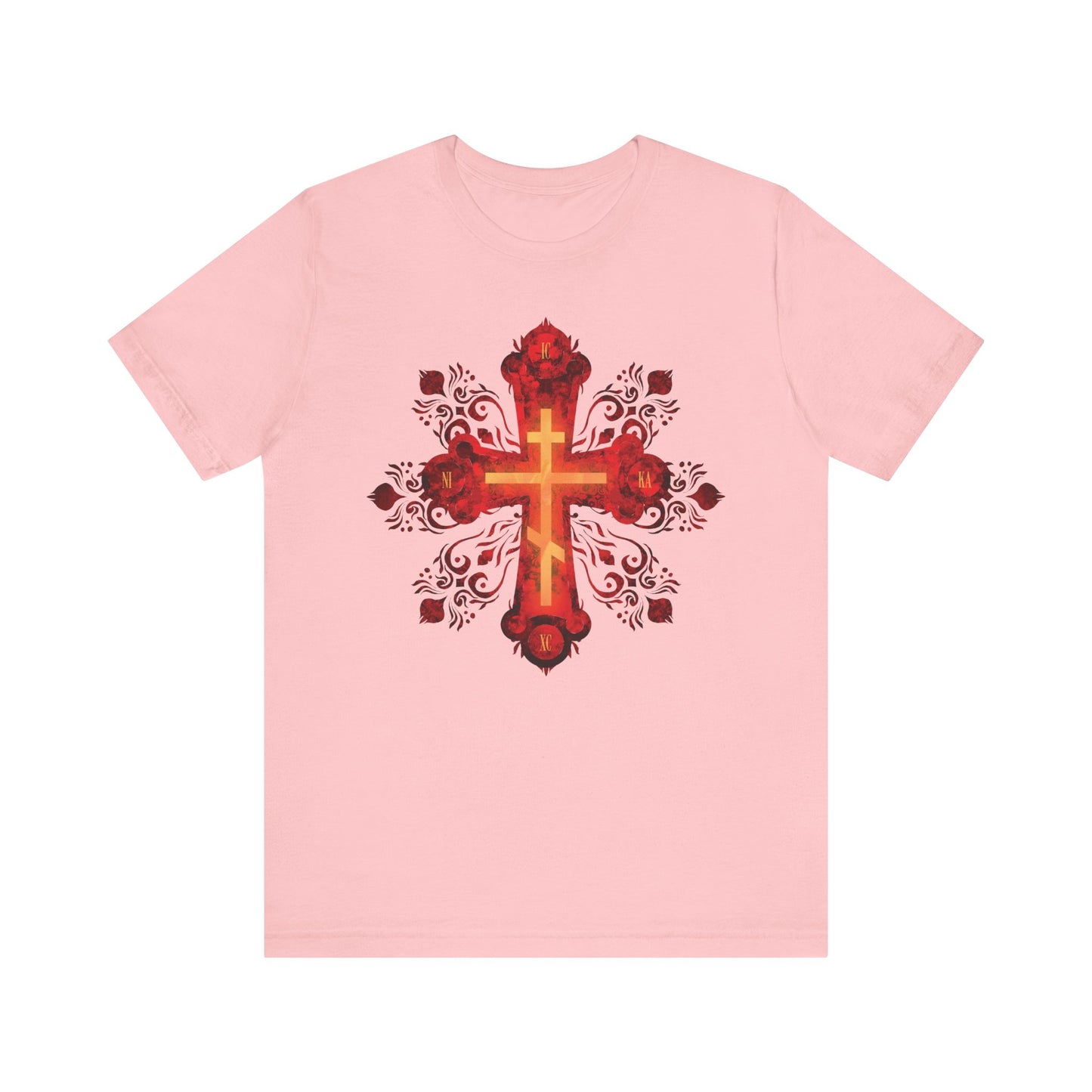 Pink unisex tee featuring a red and gold ornate Russian-style Orthodox cross with "He was pierced for our transgressions" print, inspired by the Precious & Life-Giving Cross. Lightweight cotton design.