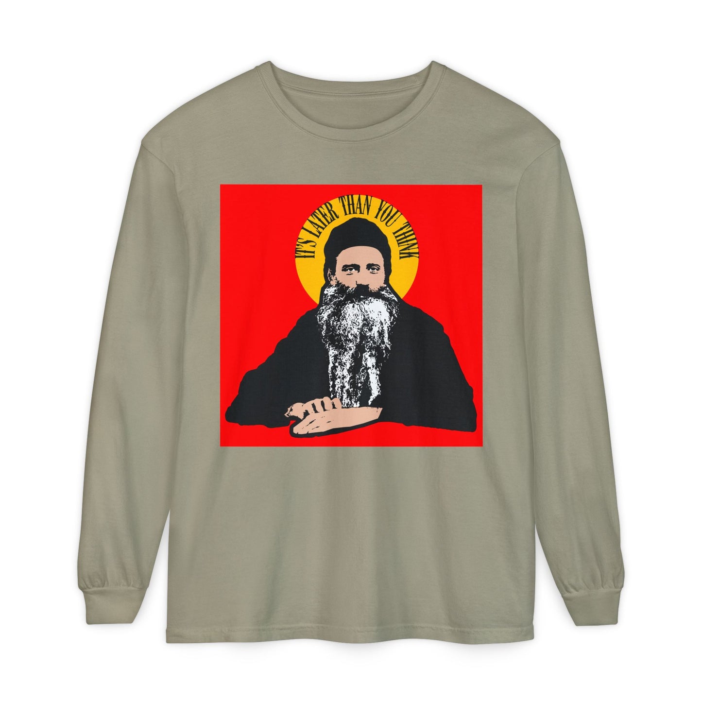 Sandstone long-sleeve shirt with "It's Later Than You Think"—Fr Seraphim Rose quote in a yellow halo—honoring this modern American Orthodox Christian saint.