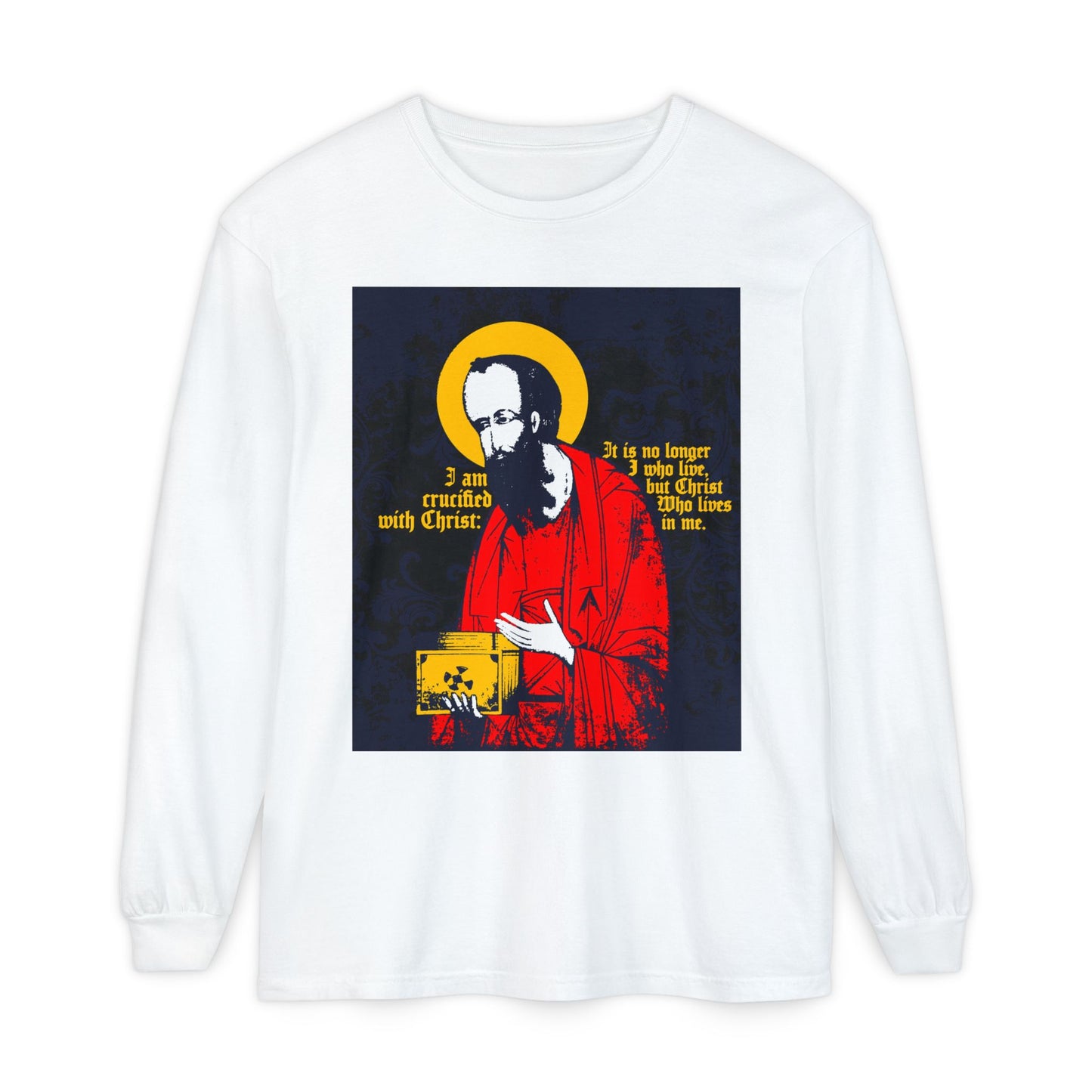 White "St Paul Holding Gospel Iconographic" long-sleeve shirt with gold text, "I am crucified with Christ" (Galatians 2:20)—a reflection of new life and faith in Christ. Orthodox Christian design.