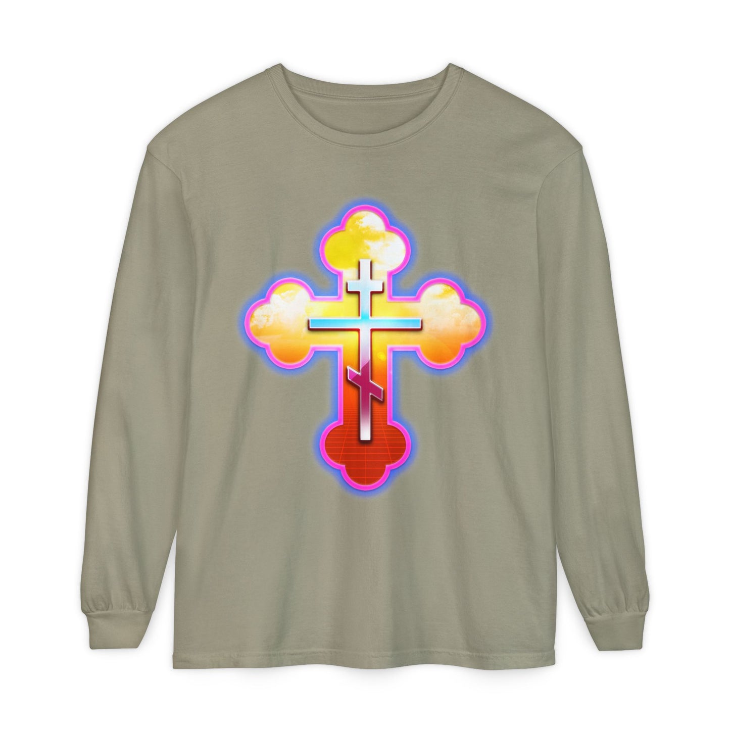 80s Synthwave Retrowave Outrun Aesthetic | Glowing & Reflective Gold & Red Three-Bar Cross | Orthodox Christian Cotton Long Sleeve Shirt