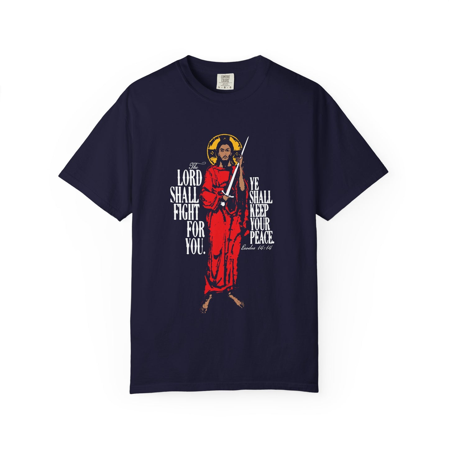 True Navy heavyweight cotton unisex tee featuring Jesus Christ with a sword and “The Lord Shall Fight For You” (Exodus 14:14) IconoGraphic, inspired by the Red Sea crossing.