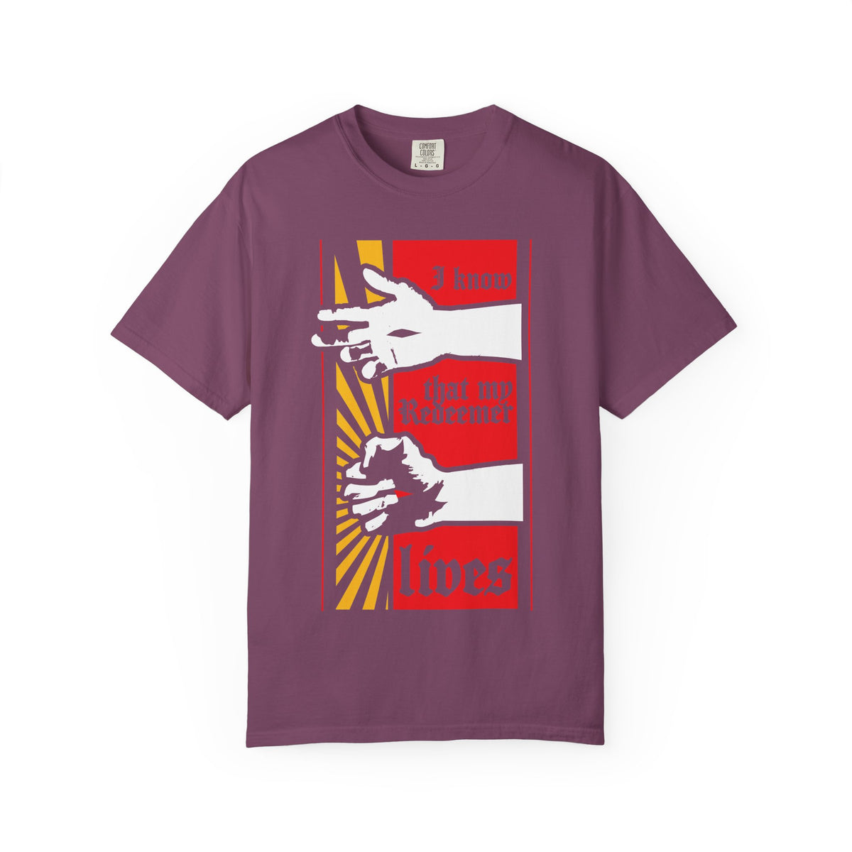 Berry “I Know That My Redeemer Lives (Job 19:25) | Christ Resurrected Comic Book Style Design” heavyweight cotton unisex t-shirt featuring a graphic of two hands, sun rays, and the text “I know that my Redeemer lives” in red and yellow—drawing inspiration from Job 19:25-27 and reminding us that we will see God.