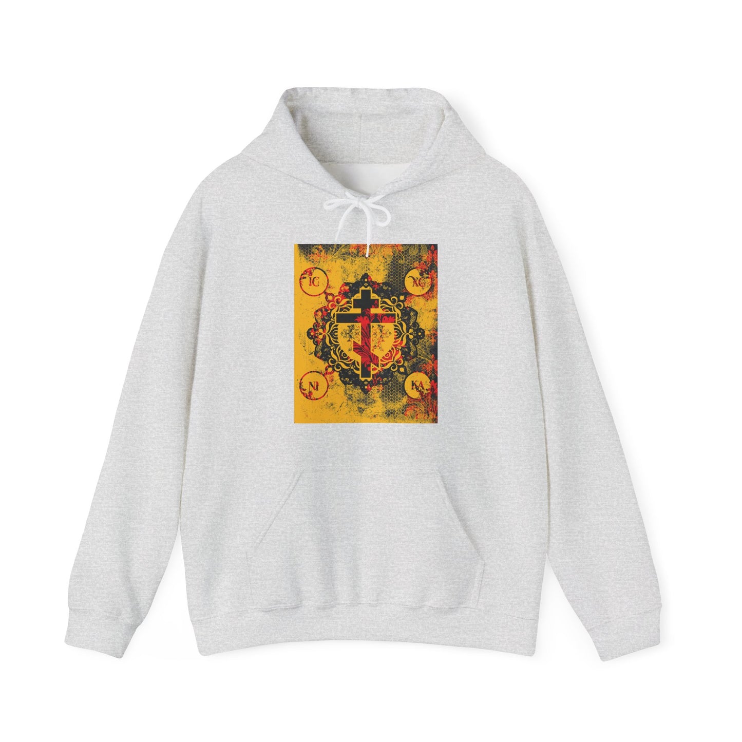 IC XC NIKA Orthodox Cross | Yellow & Red Modern & Medieval Textured Floral Design | Orthodox Christian Hoodie