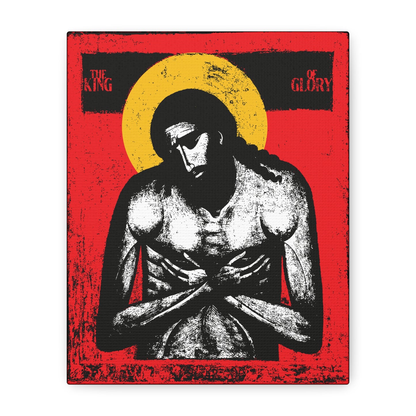 A Christian wall art piece titled "The King of Glory Jesus Christ 'Extreme Humility' IconoGraphic" features Jesus with crossed arms, yellow halo, and red background, inspired by Isaiah 53. Red, yellow, white, and black color scheme.