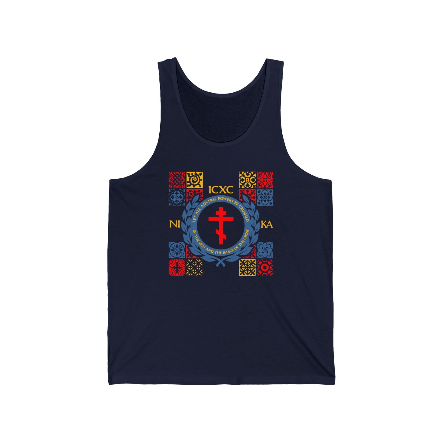 Let All Adverse Powers Be Crushed (Red, Yellow & Blue Design) | ICXC NIKA | Medieval Tile Design | Orthodox Christian Jersey Tank Top