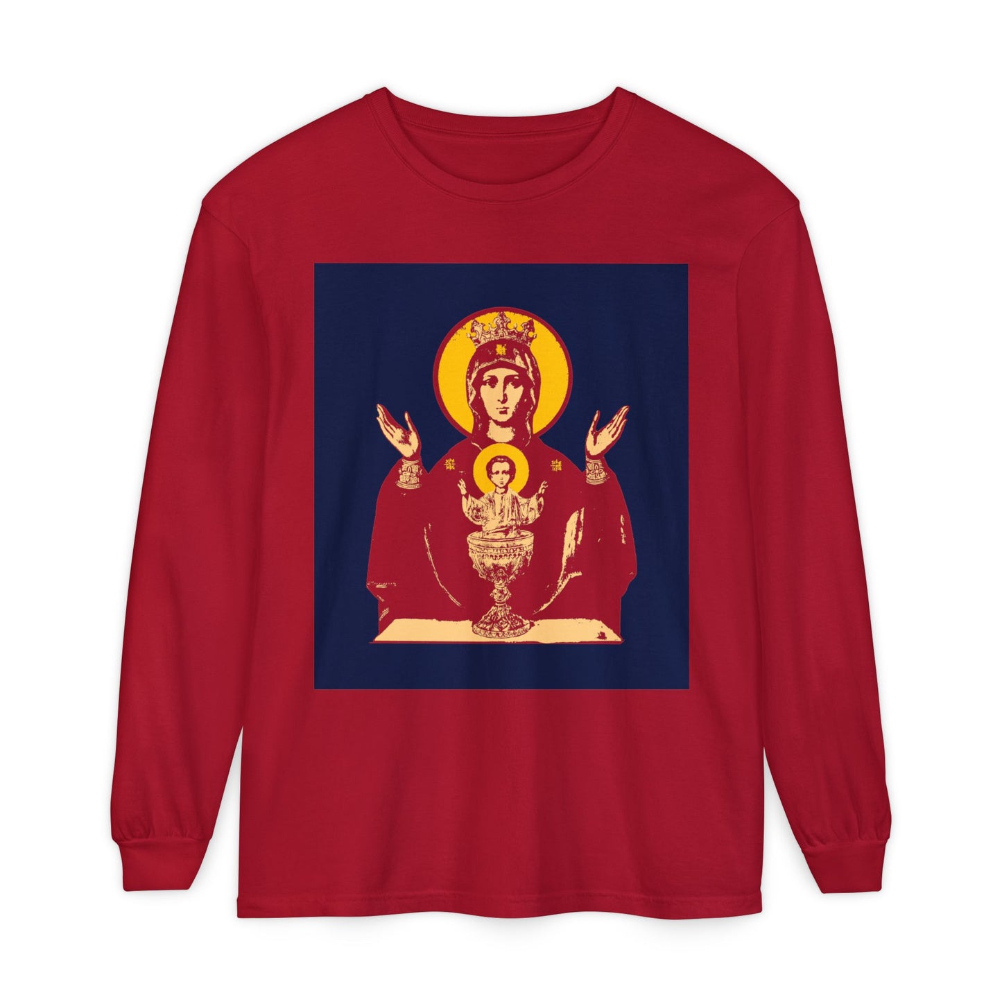 Red long sleeve shirt featuring the Holy Theotokos IconoGraphic of the Inexhaustible Chalice, Deliverer from Addictions and Conqueror of Passions—an Orthodox Christian design—inspired by the Virgin Mary.