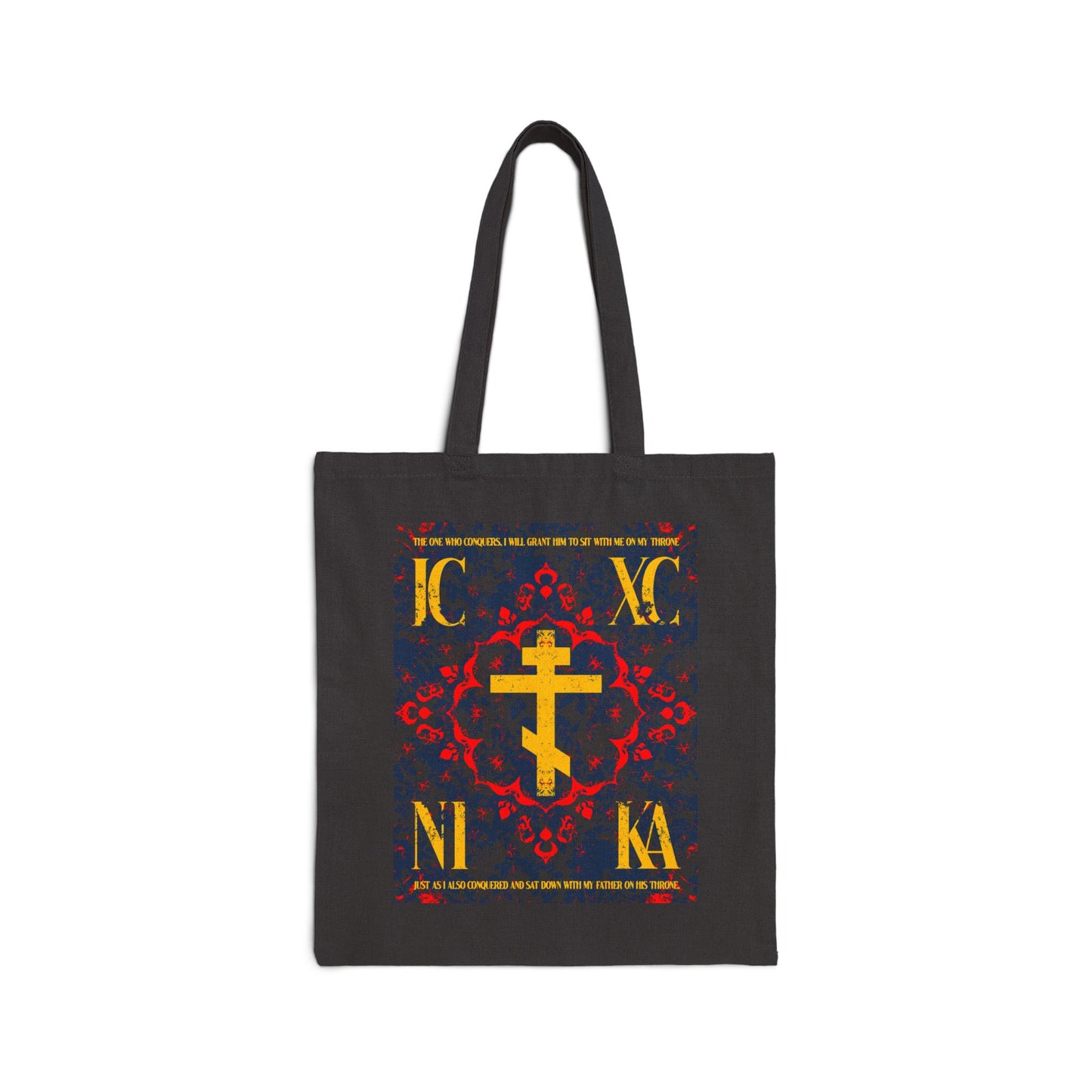 IC XC NIKA Orthodox Cross | Medieval Floral Design | The One Who Conquers (Revelation 3:21) | Orthodox Christian Tote Bag