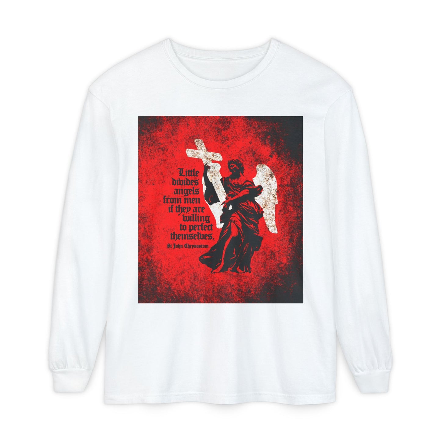 Little Divides Angels from Men | Christian Perfection | St John Chrysostom | Textured Cemetery Angel | Orthodox Christian Long Sleeve Shirt