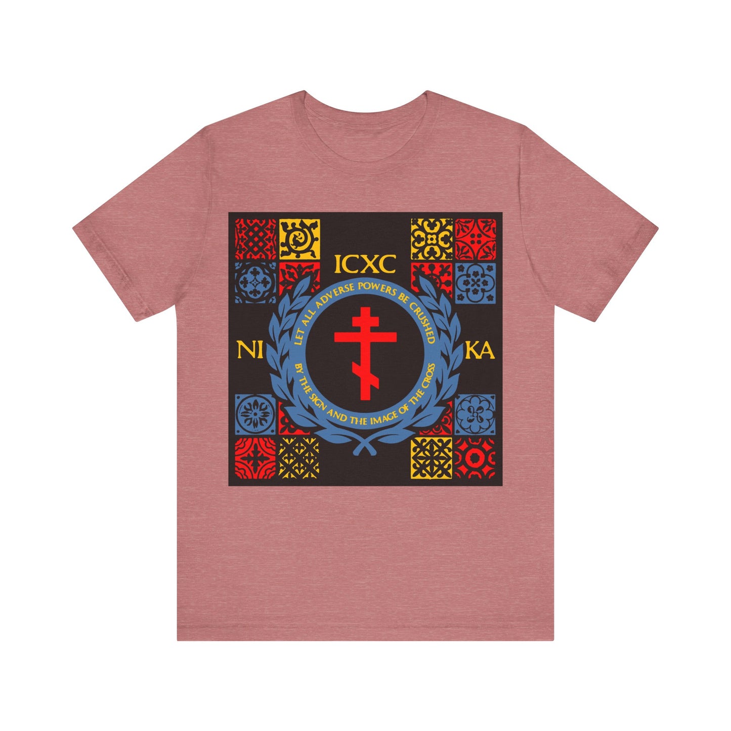 Let All Adverse Powers Be Crushed (Red, Yellow & Blue Design) | ICXC NIKA | Medieval Tile Design | Orthodox Christian T-Shirt
