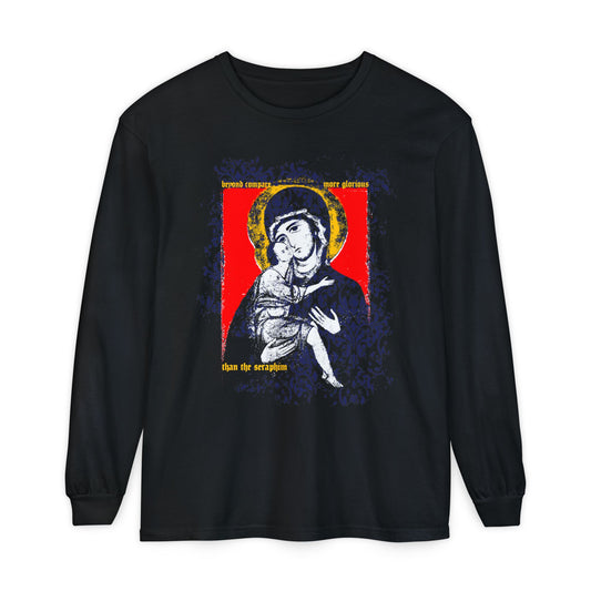 Beyond Compare More Glorious Than the Seraphim | Vladimir Theotokos Iconographic | Orthodox Christian Long Sleeve Shirt