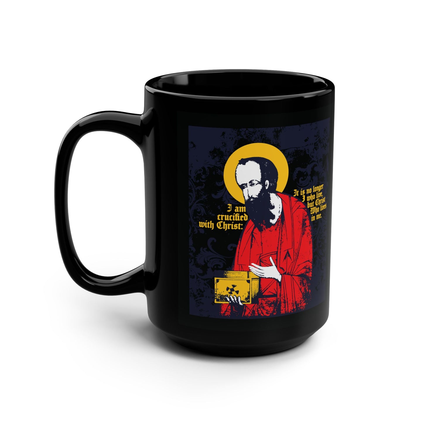 St Paul Holding Gospel Iconographic | I am crucified with Christ (Galatians 2:20) | Orthodox Christian Black Mug