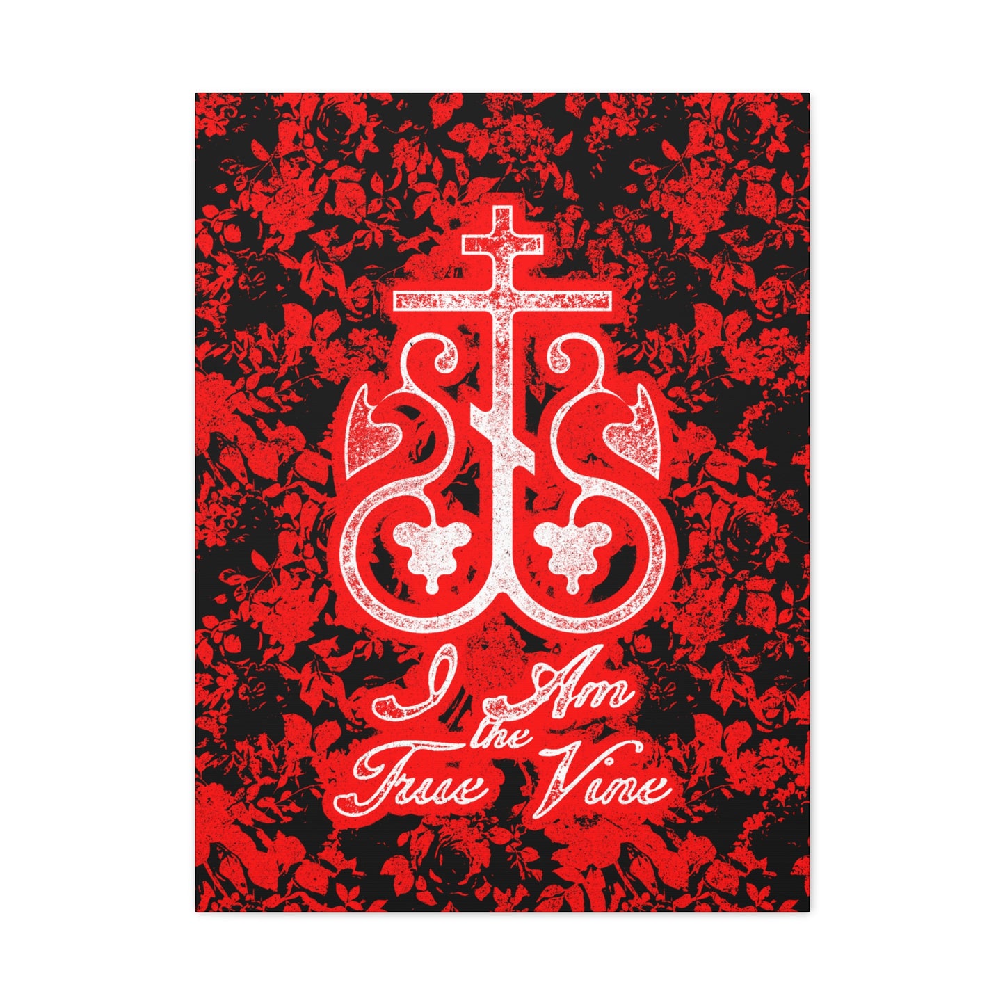I Am the True Vine (John 15:1) | Orthodox Cross Vine Monogram | Red and Black Floral Design | Orthodox Christian Canvas Art