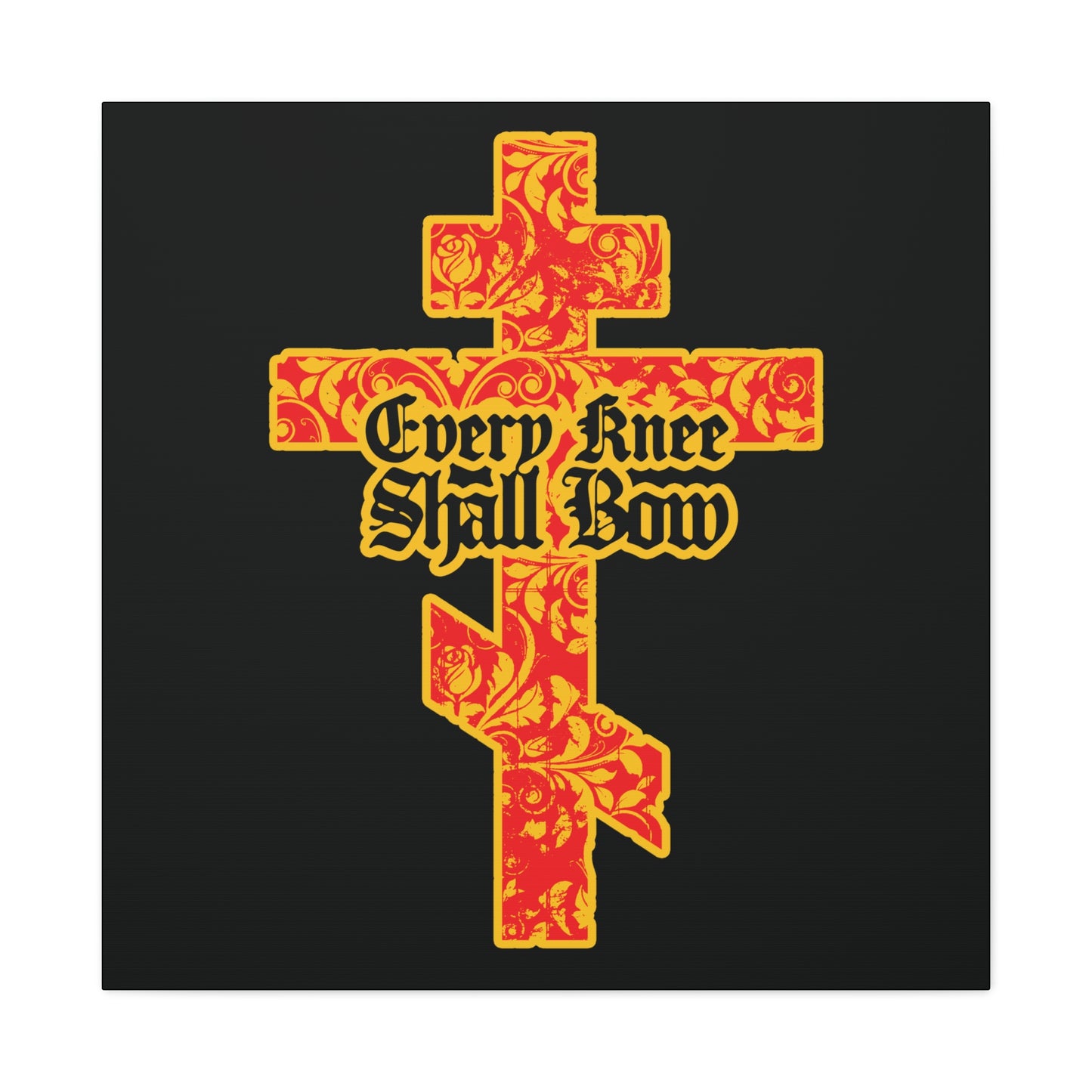 The "Every Knee Shall Bow" wall art features a gold and red floral textured Orthodox cross with Gothic lettering, inspired by Isaiah 45:22-24 and Philippians 2:7-11, proclaiming Jesus Christ is Lord.