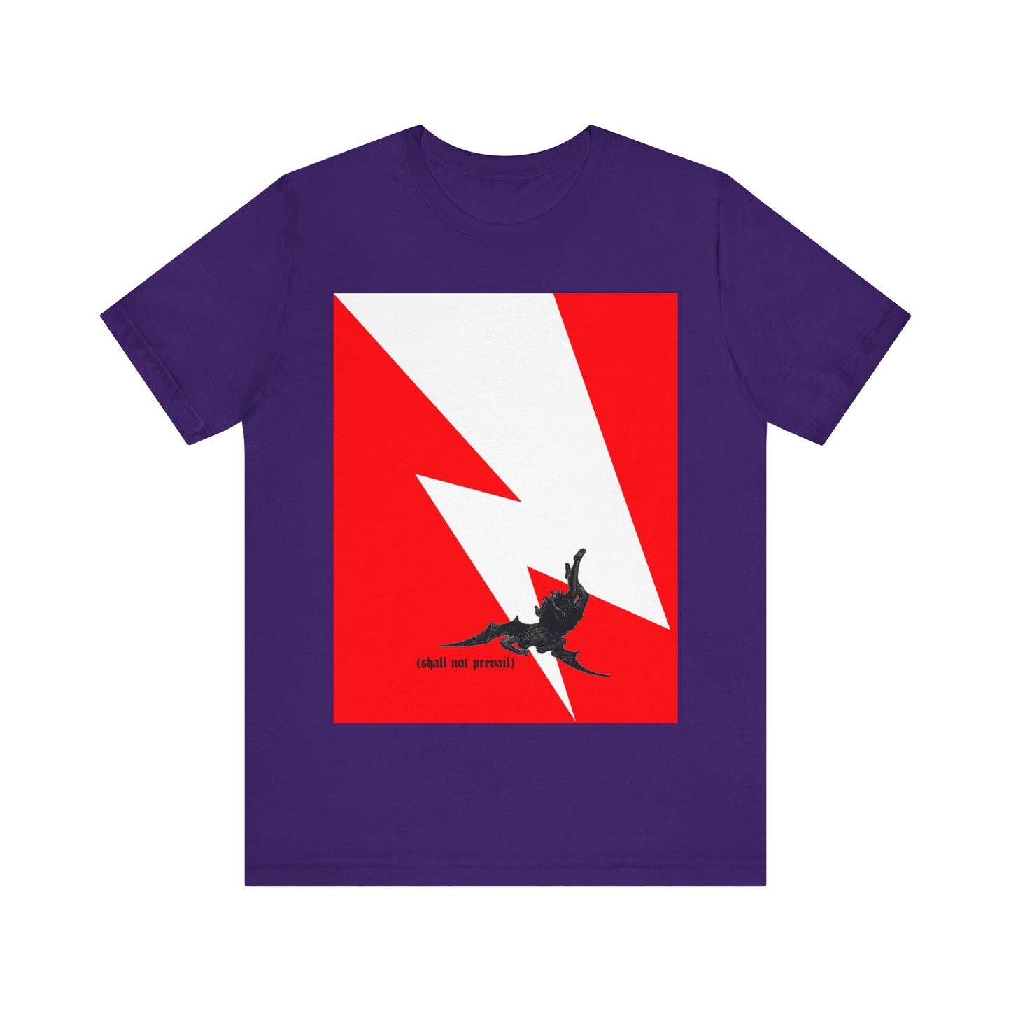 Team Purple cotton t-shirt featuring a minimalist red and white lightning bolt with a falling black figure and "shall not prevail" text. Inspired by Luke 10:18: "Satan Fell from Heaven Like Lightning." Orthodox Christian design.