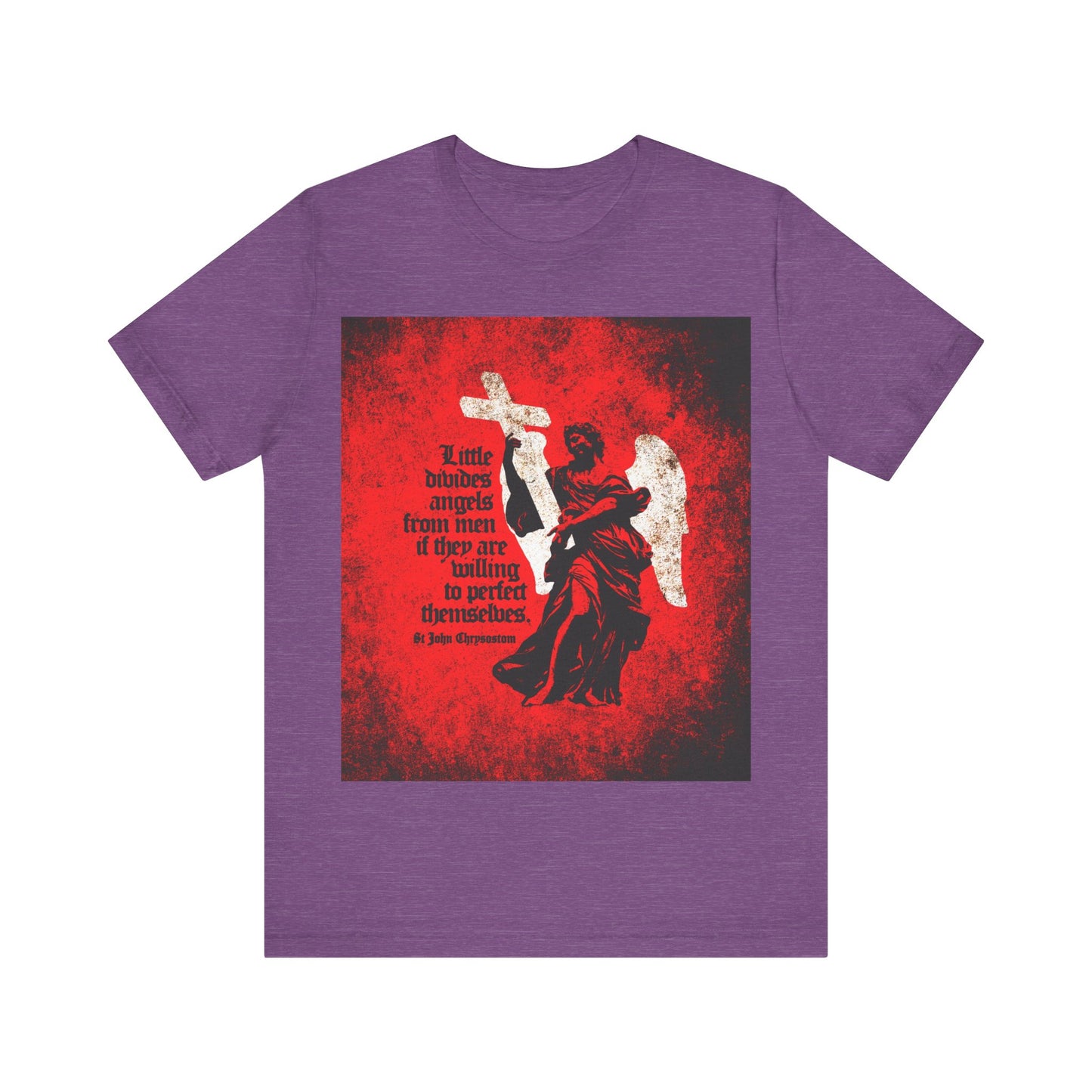 Heather Team Purple t-shirt featuring a textured cemetery angel and a St John Chrysostom quote on Christian perfection—"Little Divides Angels from Men"—expressing Orthodox Christian faith and self-improvement.