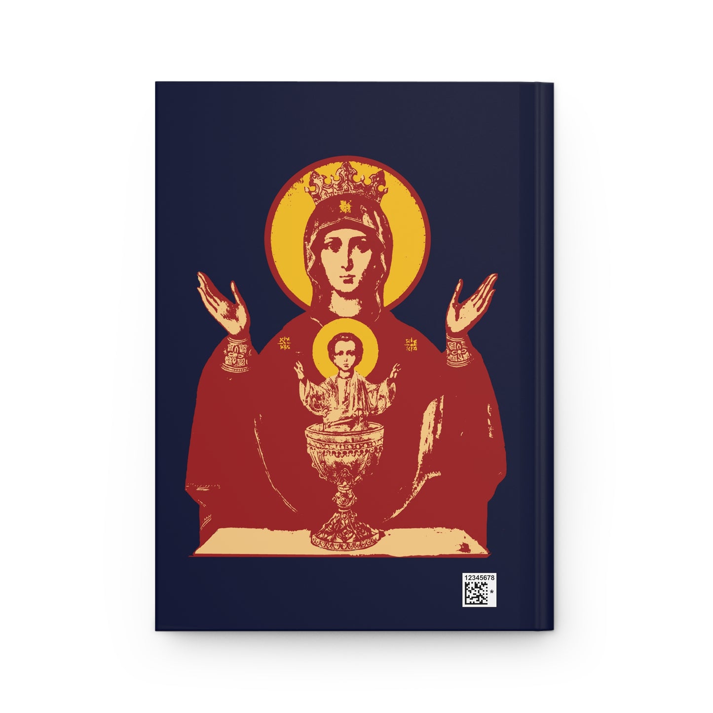 Illustration of Holy Theotokos crowned and haloed, holding her child, featured on the "Inexhaustible Chalice | Deliverer from Addictions" Orthodox Christian blank journal.