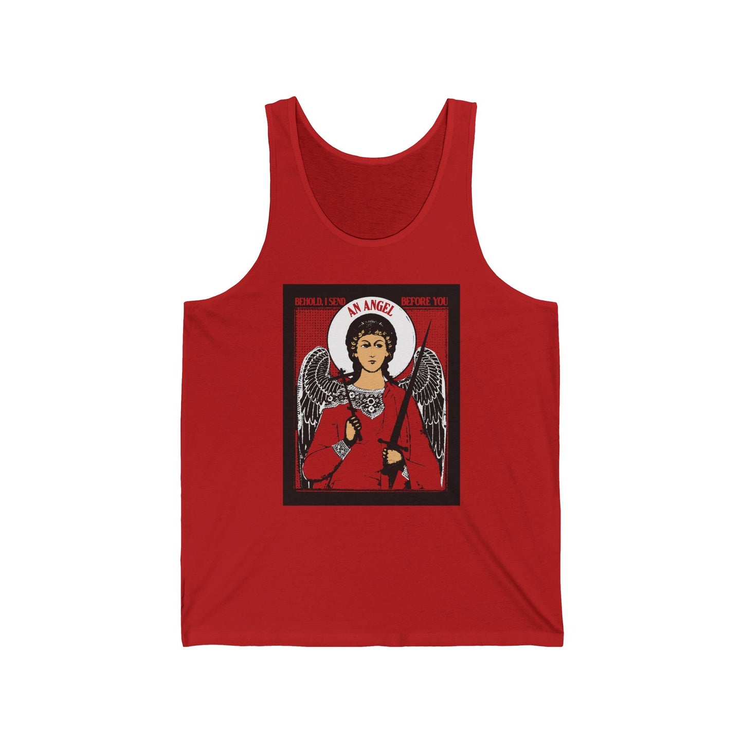 Behold, I Send an Angel Before You (Exodus 23:20) | Guardian Angel With Cross and Sword IconoGraphic | Orthodox Christian Jersey Tank Top / Sleeveless Shirt