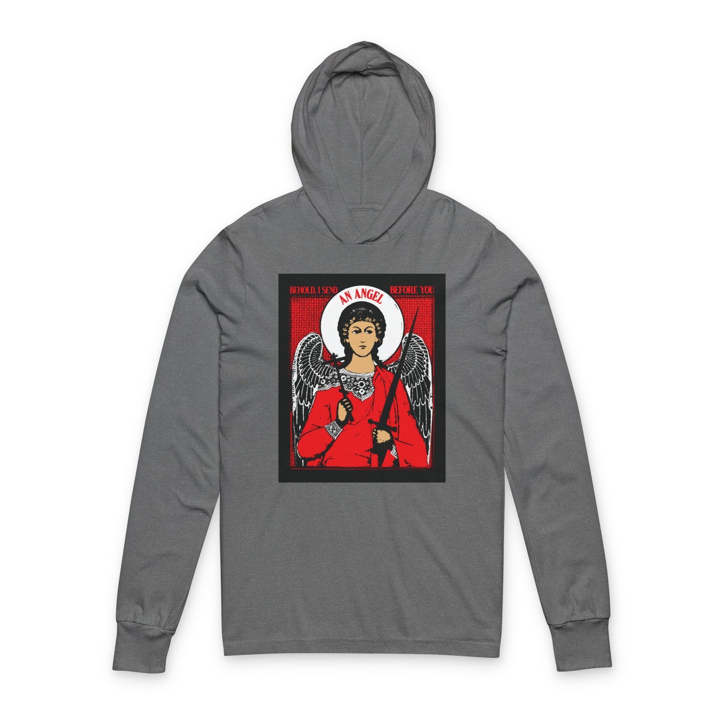 Behold I Send an Angel Before You (Ex 23:20) | Guardian Angel With Cross & Sword IconoGraphic | Orthodox Long Sleeve Hooded Shirt
