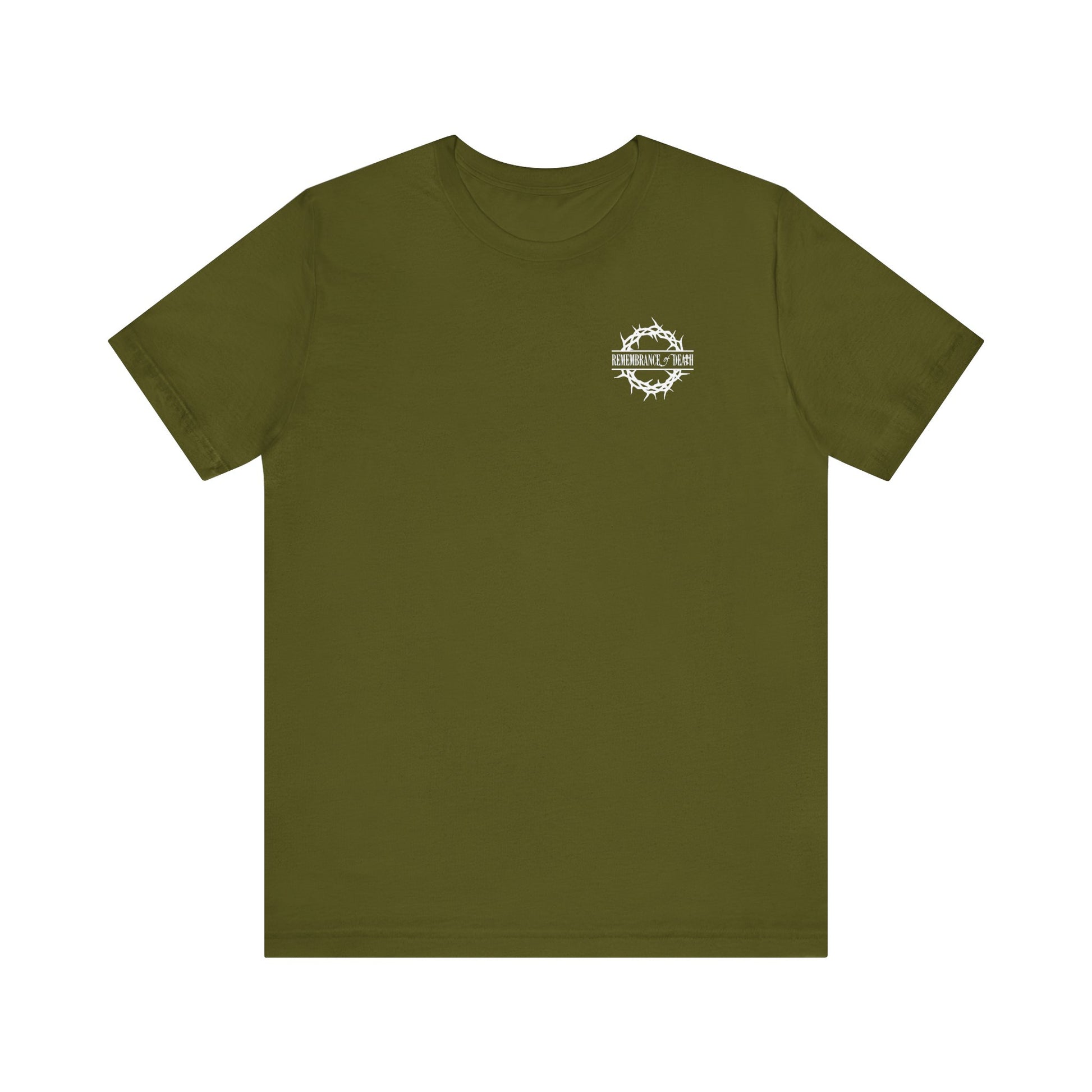 Olive green “Dead to this World” Orthodox Christian t-shirt with a small white branded front logo and bold flower cross & skull graphic on the back, inspired by the Ladder of Divine Ascent and 70s goth typography.