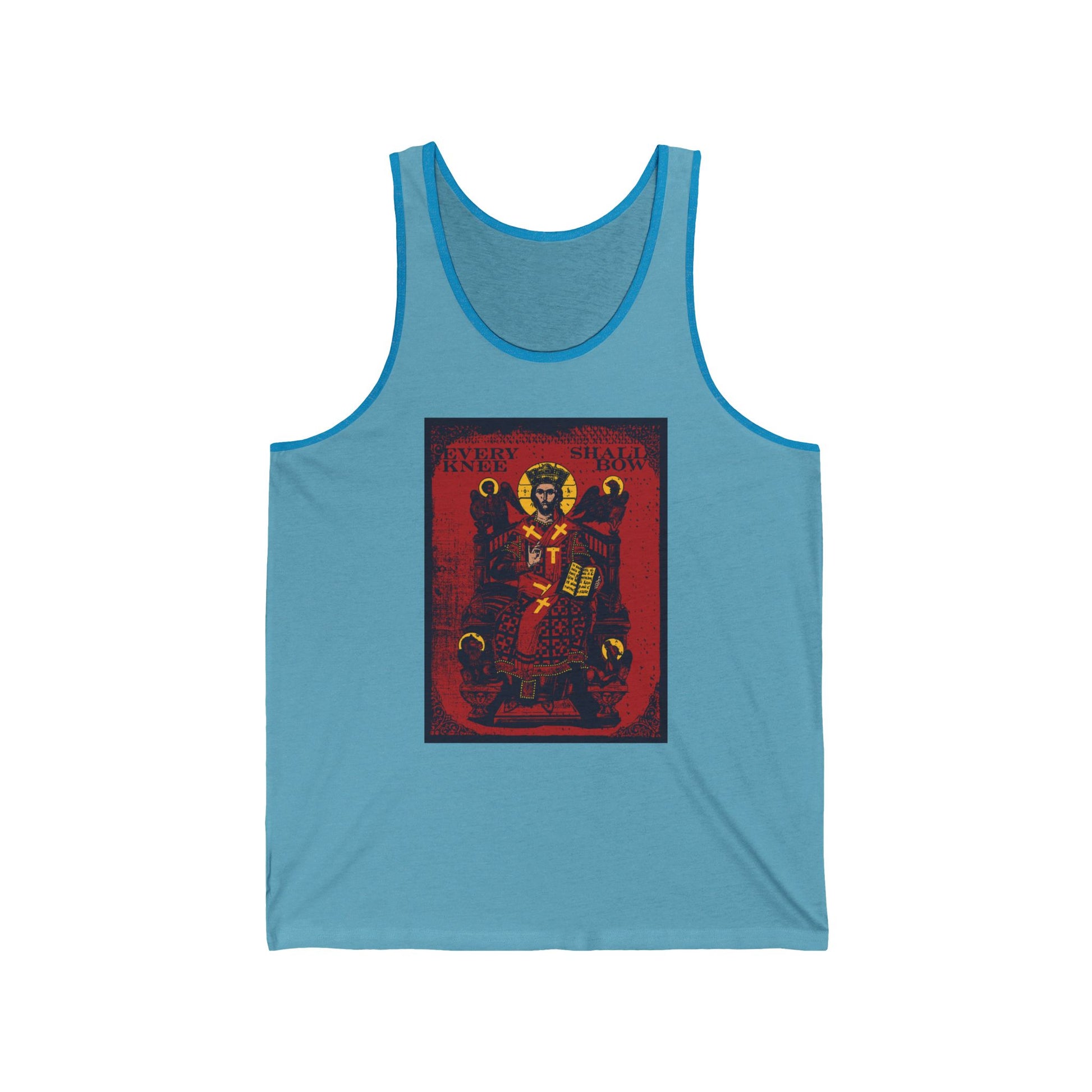 Aqua TriBlend tank top featuring the "Every Knee Shall Bow" Christ Enthroned graphic with 4 Living Creatures (Ezekiel's Chariot), inspired by Phil 2:8-11 and Isaiah 45:23. Orthodox IconoGraphic design.