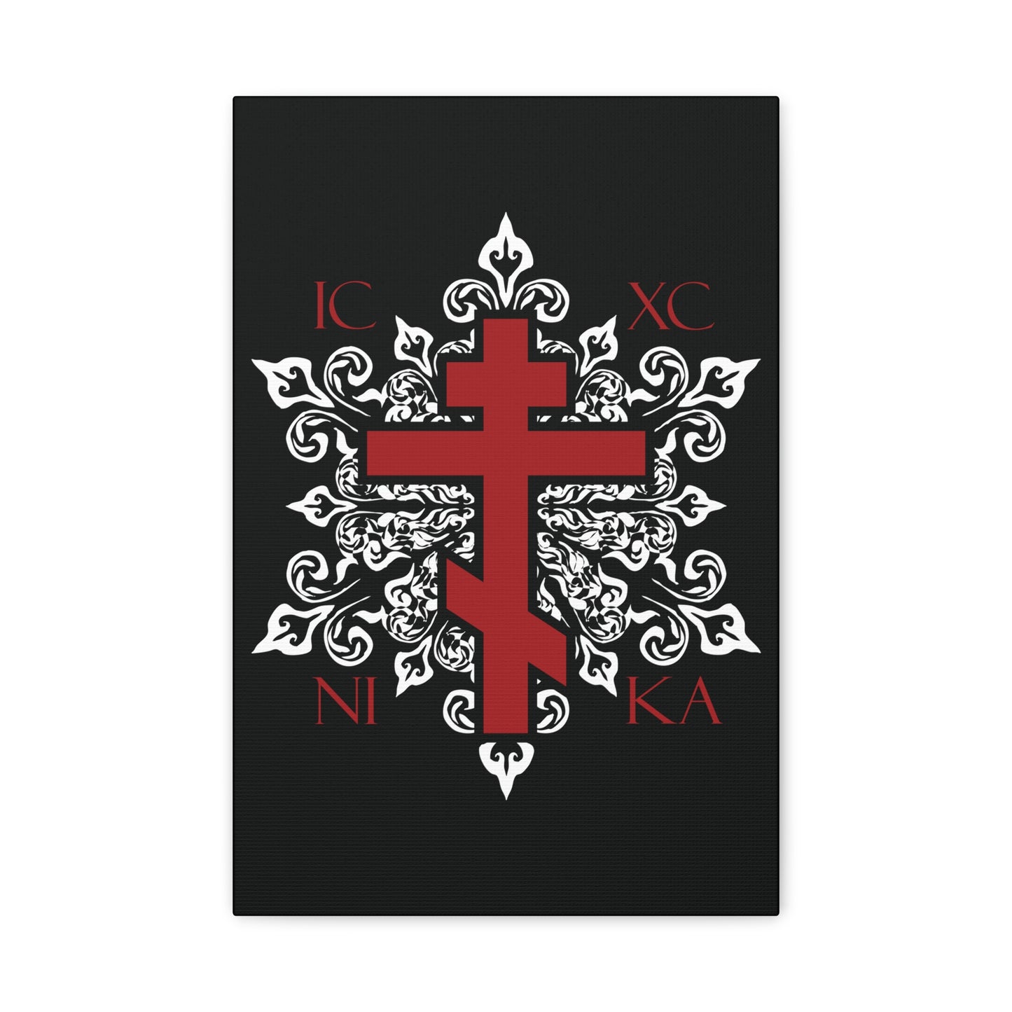 ICXC / NIKA Red Orthodox Cross on Ornate White Medieval Floral Design | Exclusive Best-Selling | Orthodox Christian Canvas Art