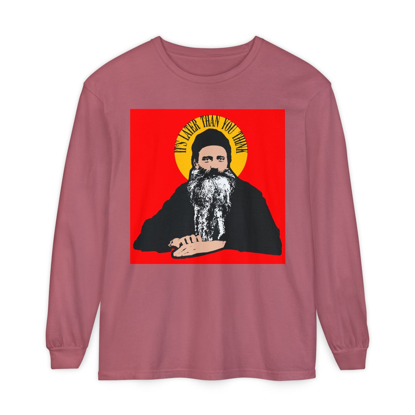 Crimson long-sleeve shirt featuring Fr Seraphim Rose’s quote “It’s Later Than You Think” in a yellow halo, with a modern illustrated portrait of this American Orthodox Christian saint.