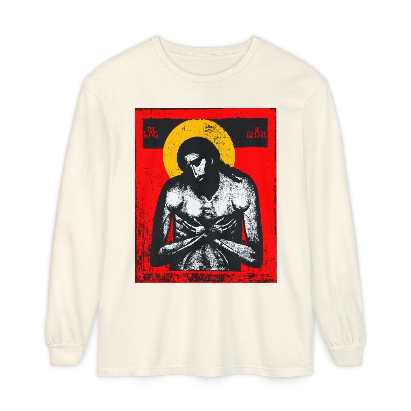 Ivory long-sleeve shirt featuring The King of Glory Jesus Christ "Extreme Humility" IconoGraphic in red, yellow, white, and black—Christian devotional wear inspired by Isaiah 53 and Christ’s sacrifice.