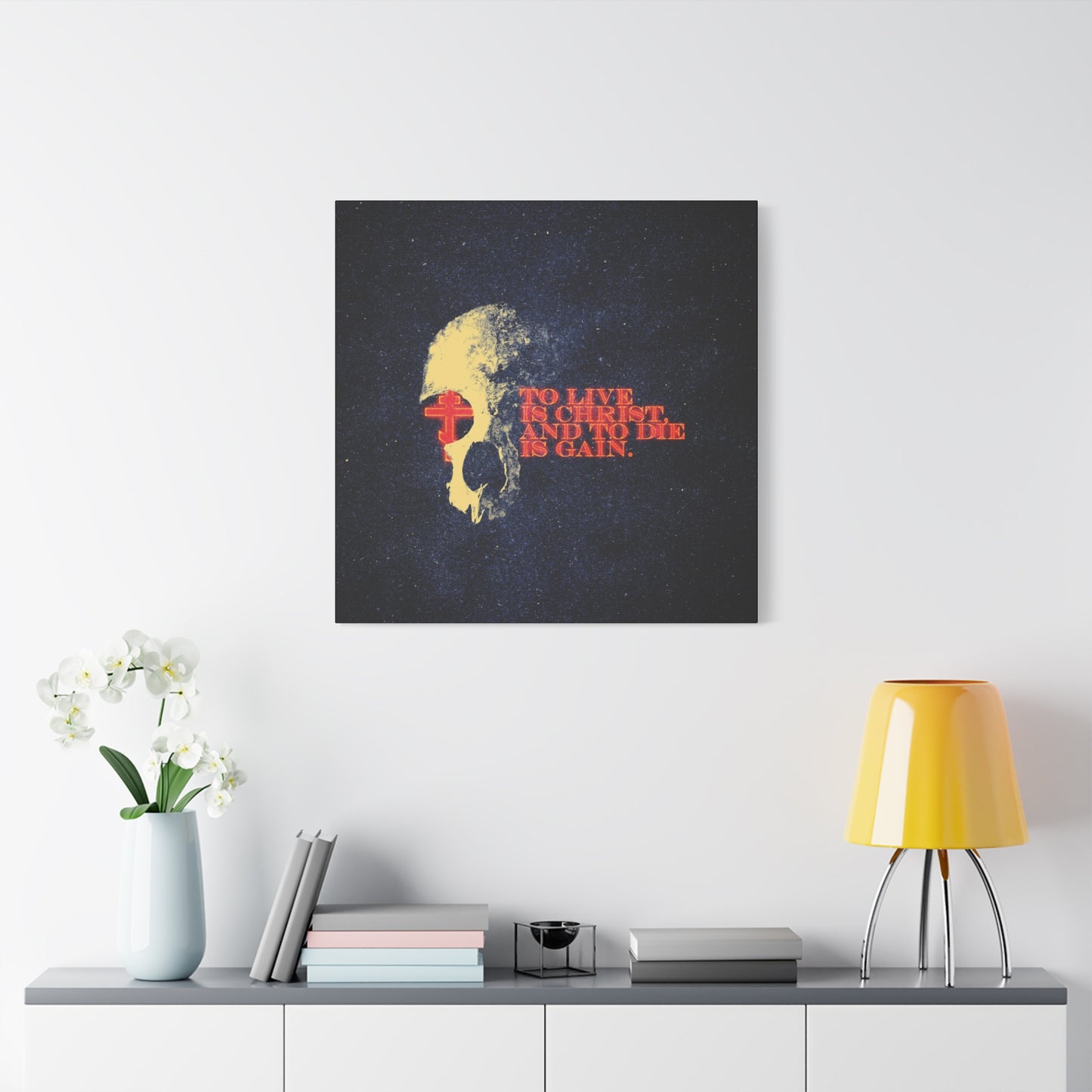 To Live is Christ and to Die is Gain | Phil 1:21 | Retro Texture | Glowing Letters and Cross with Skull | Orthodox Christian Canvas Art